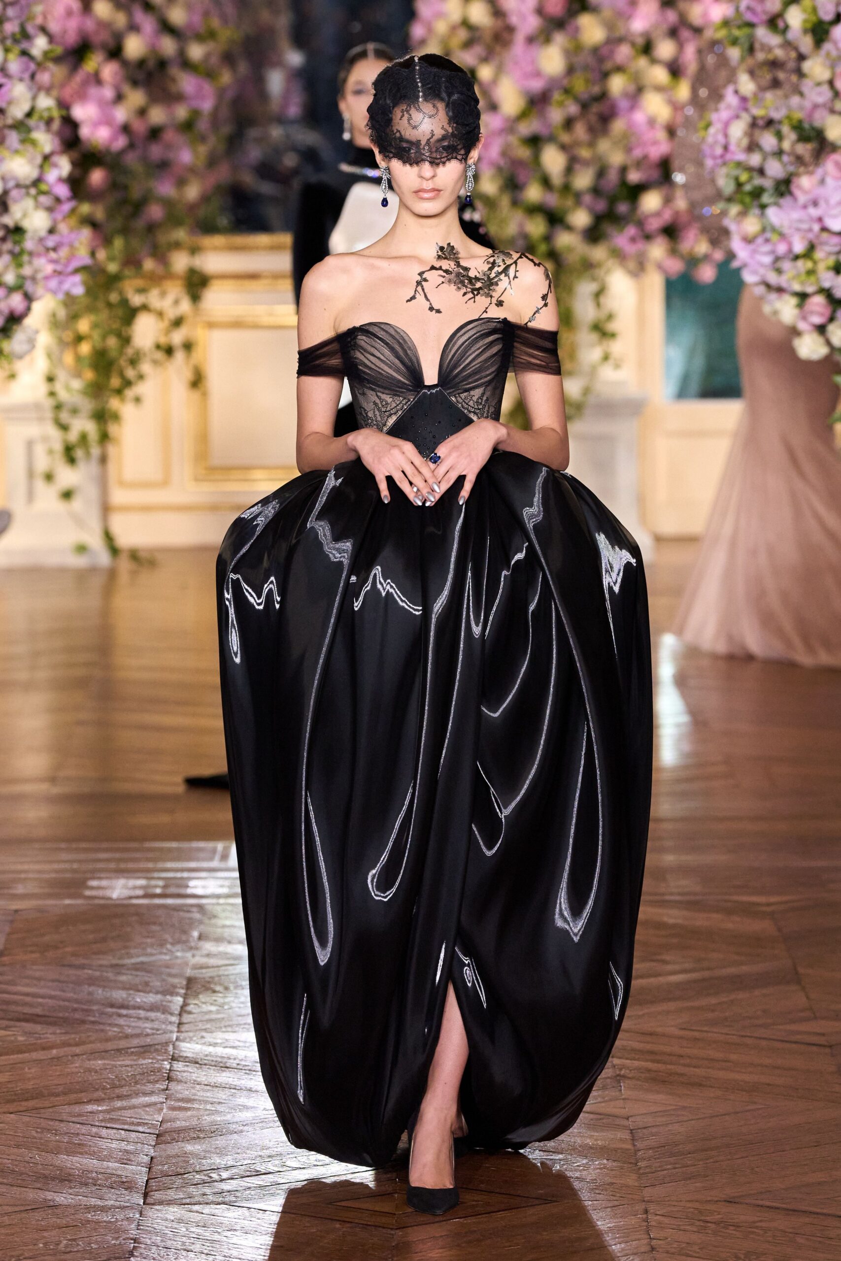 black silk strapless off-shoulder fitted pleated draped gown