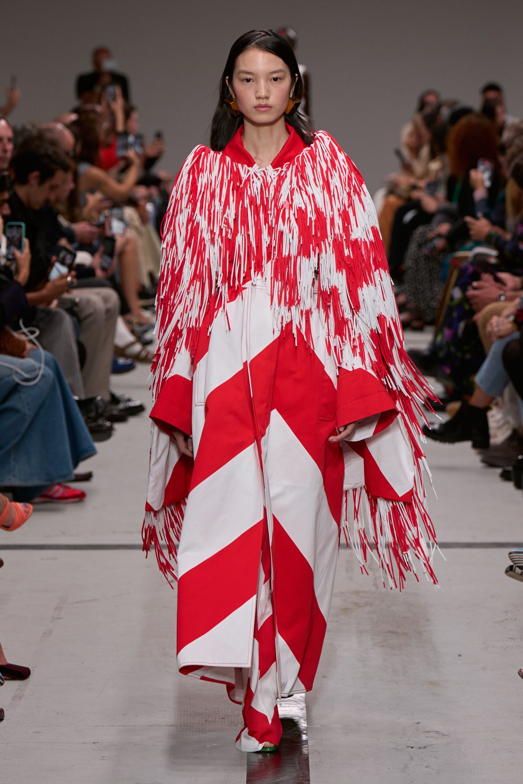 red and white fringed maxi dress
