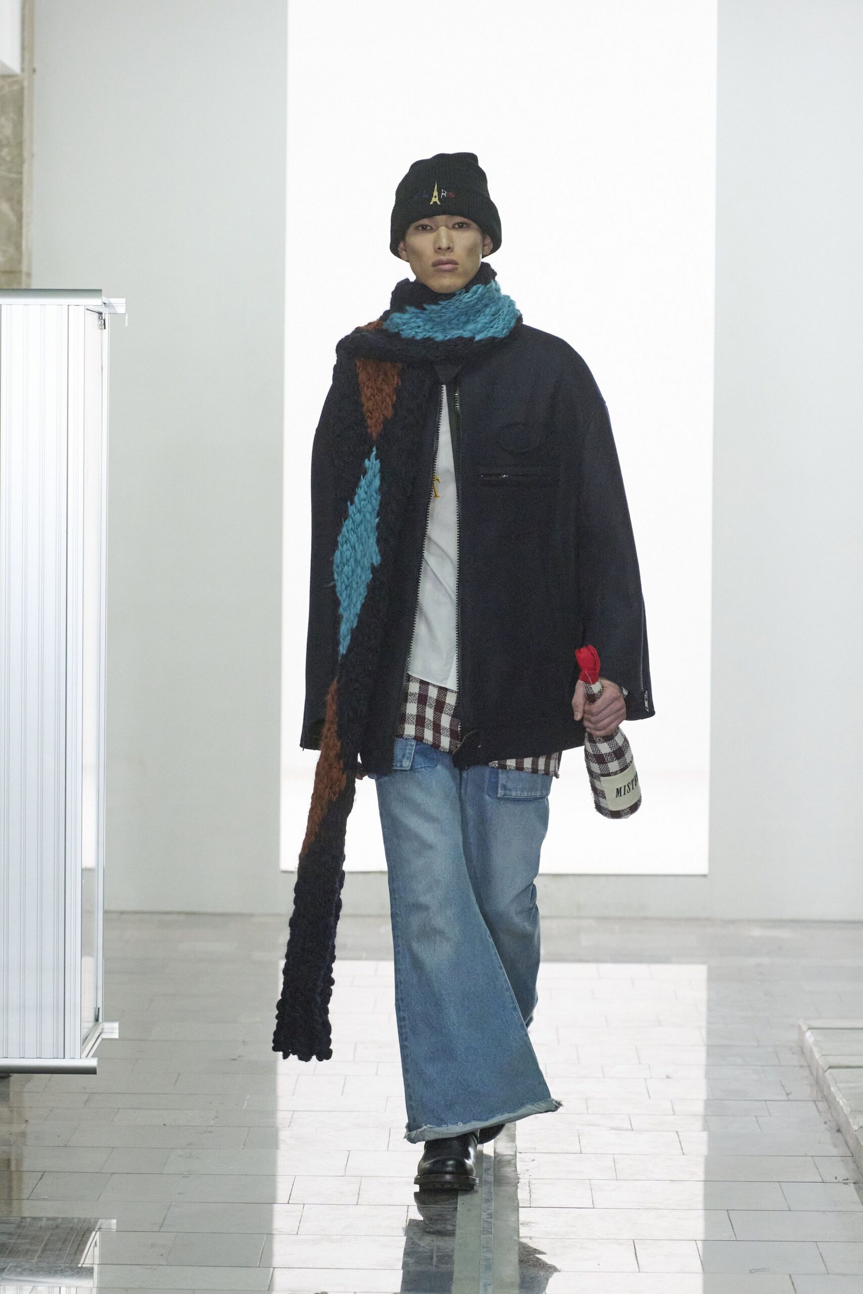 black denim jacket with scarf