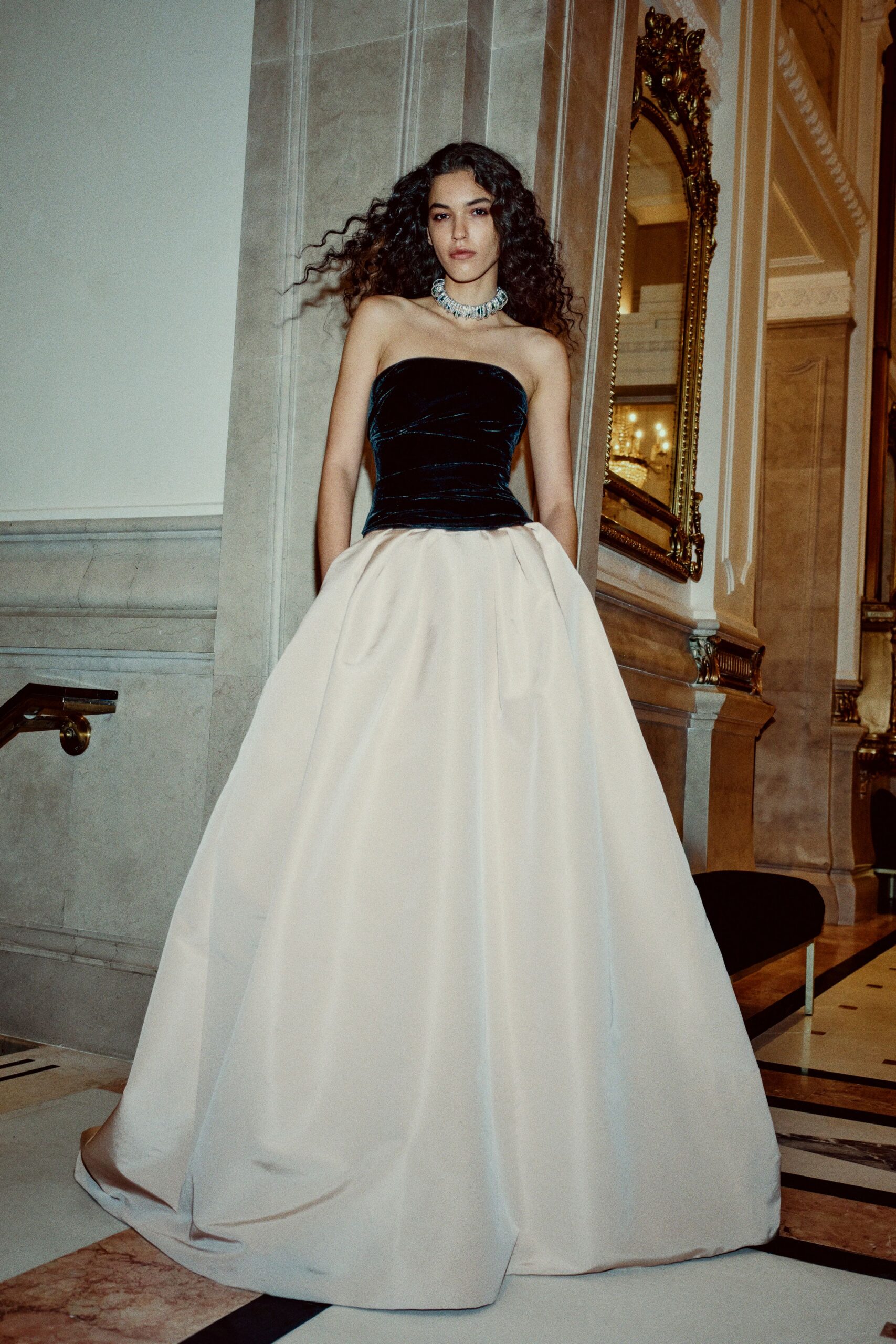 black and white strapless gown