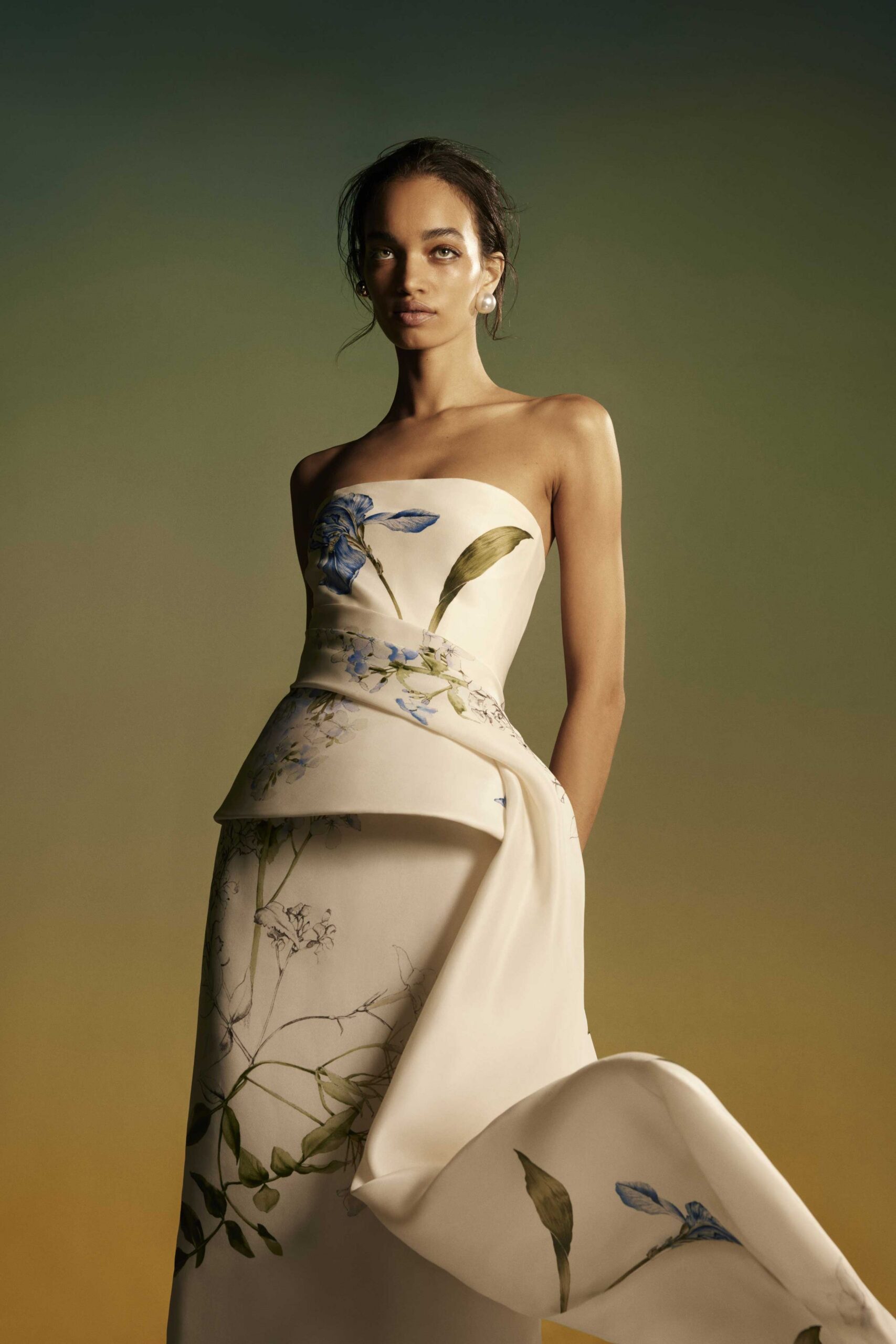 ivory floral strapless gown