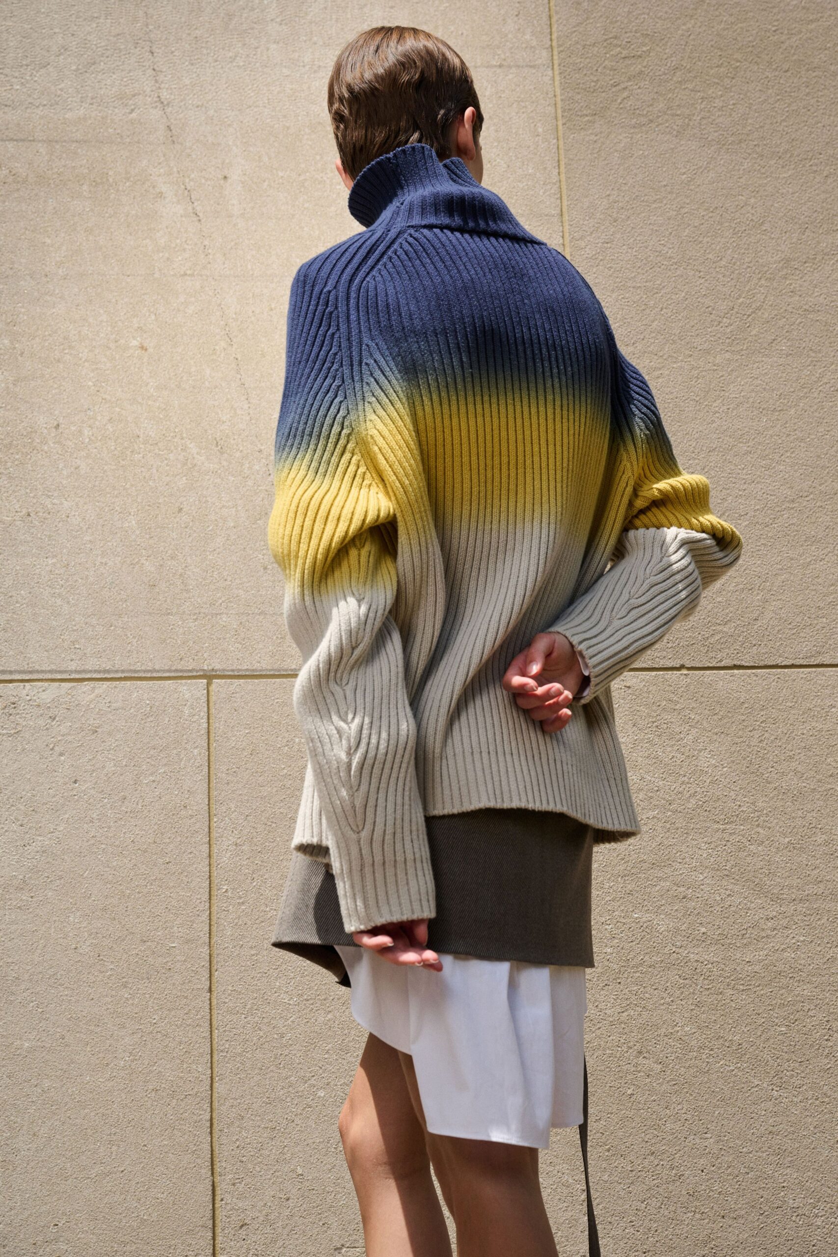 color-blocked sweater with mini skirt