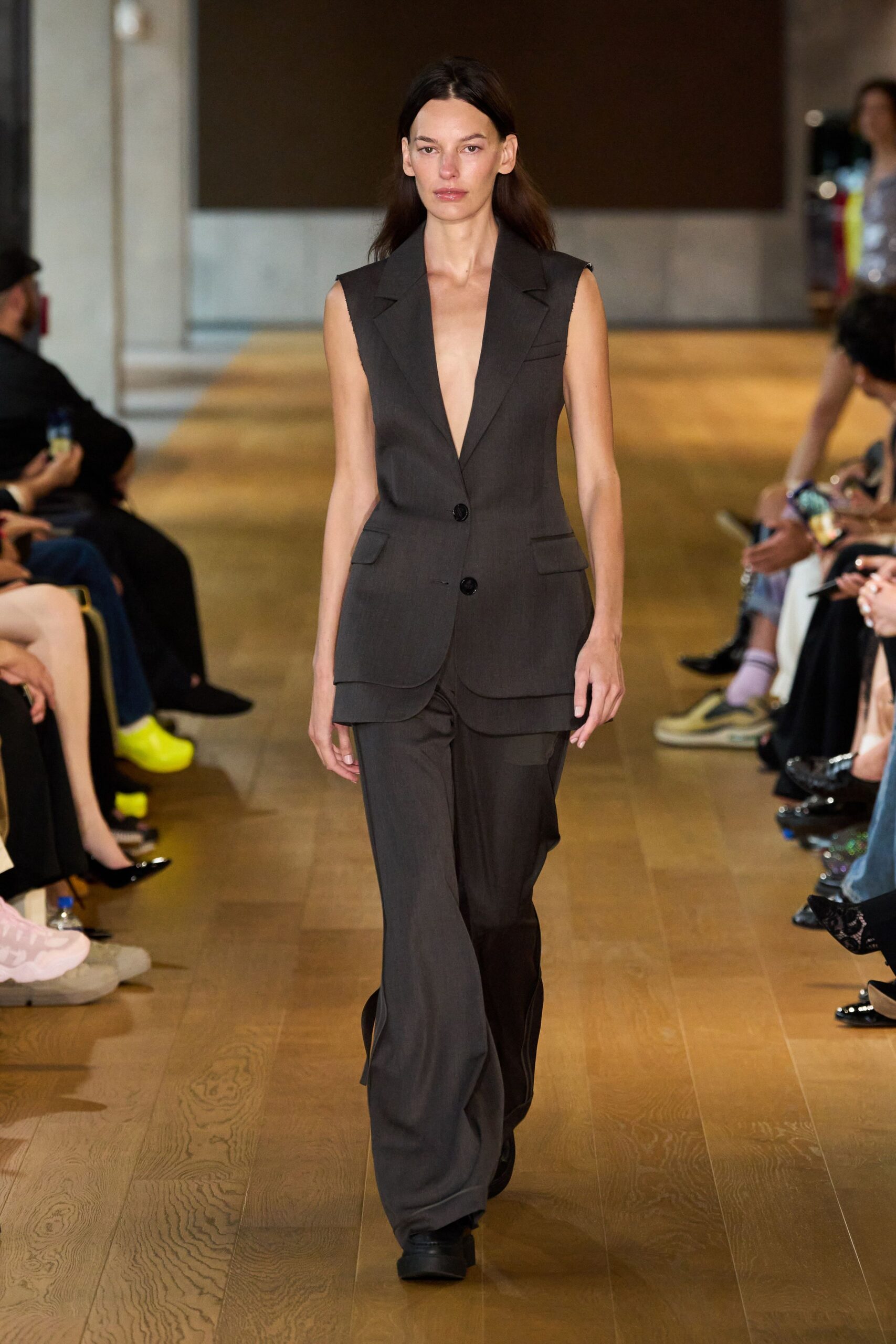 brown fitted sleeveless suit