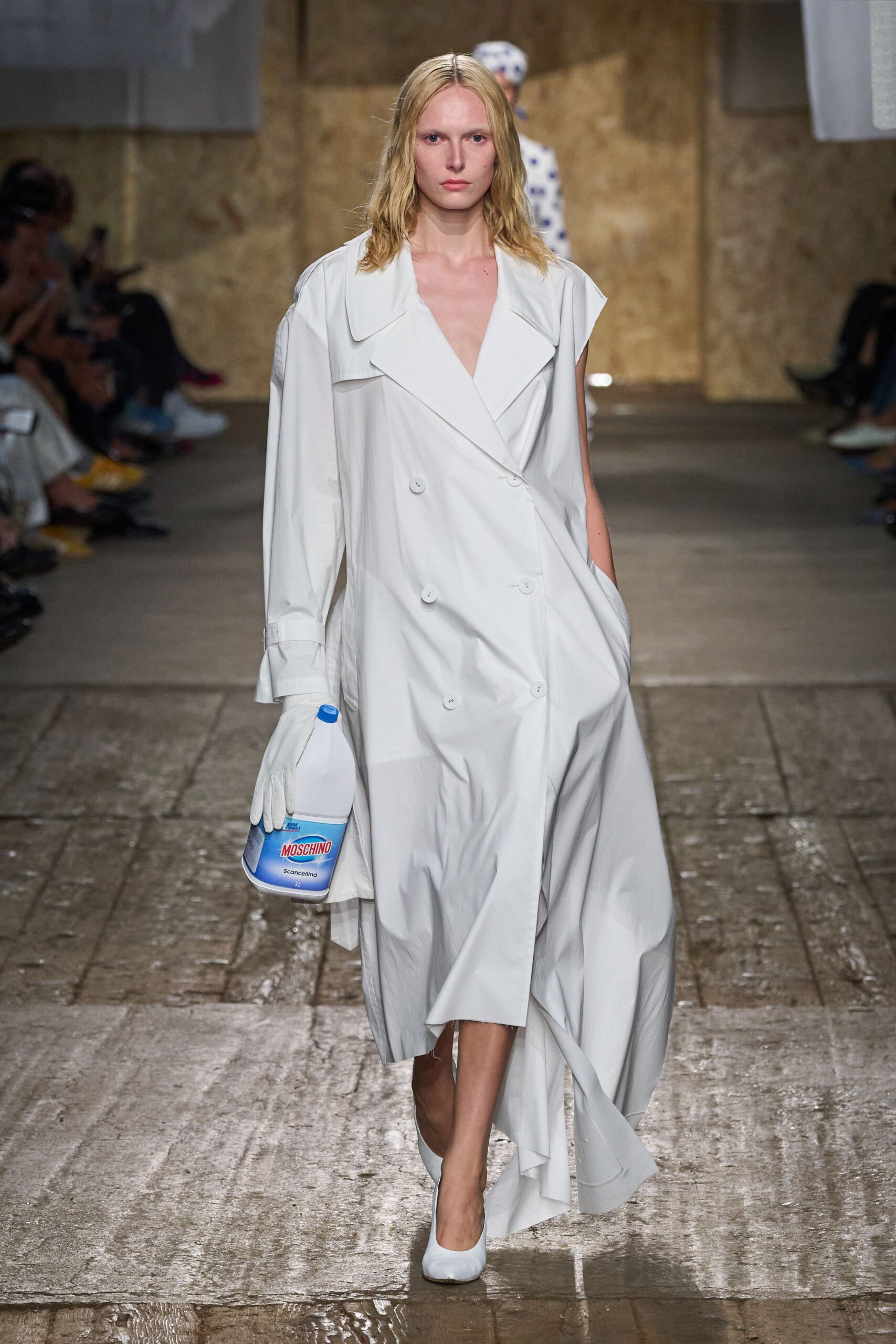 white cotton long-sleeve v-neck relaxed draped maxi trench