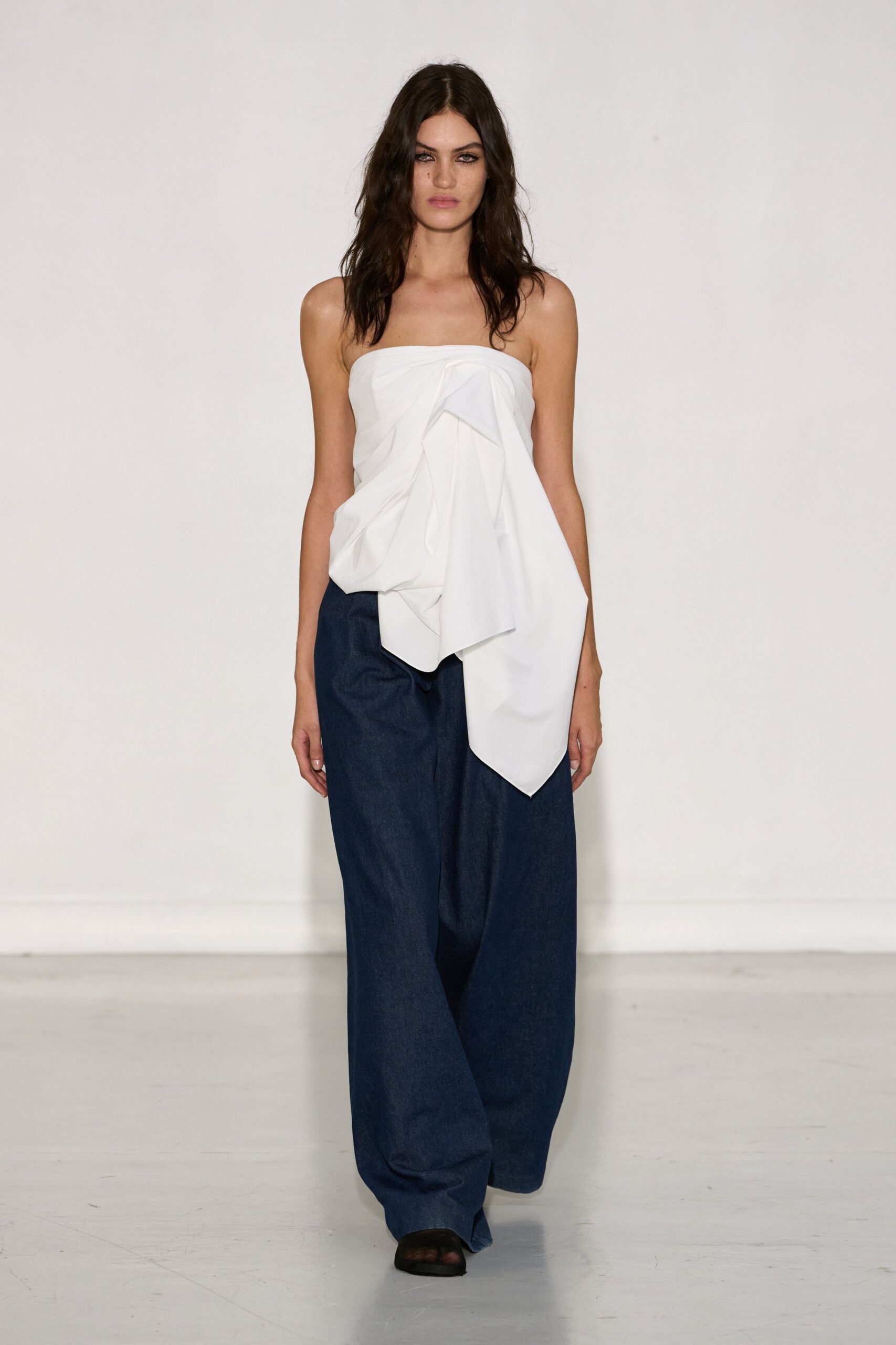 white cotton sleeveless strapless relaxed draped top