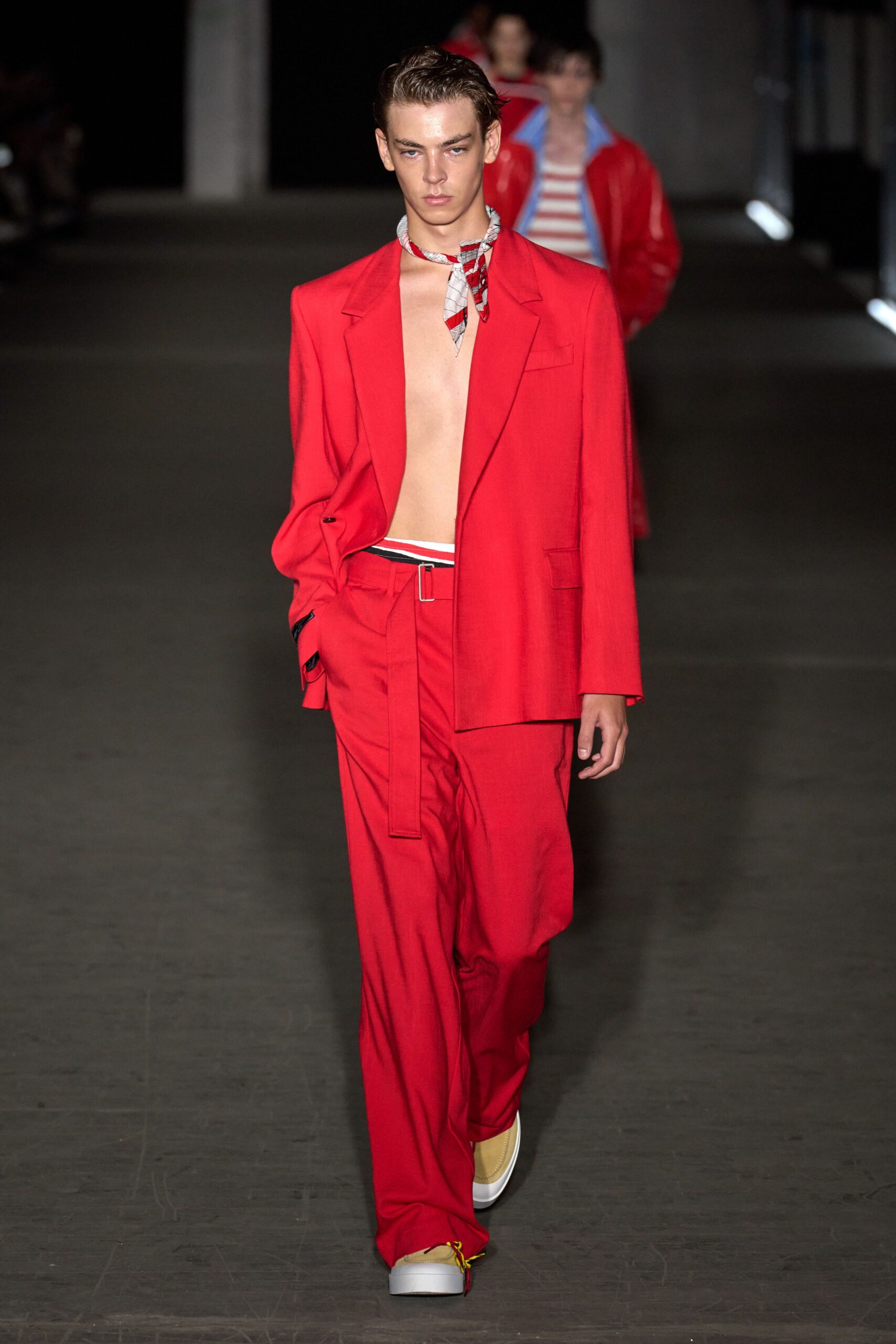 red cotton long-sleeve collared tailored blazer