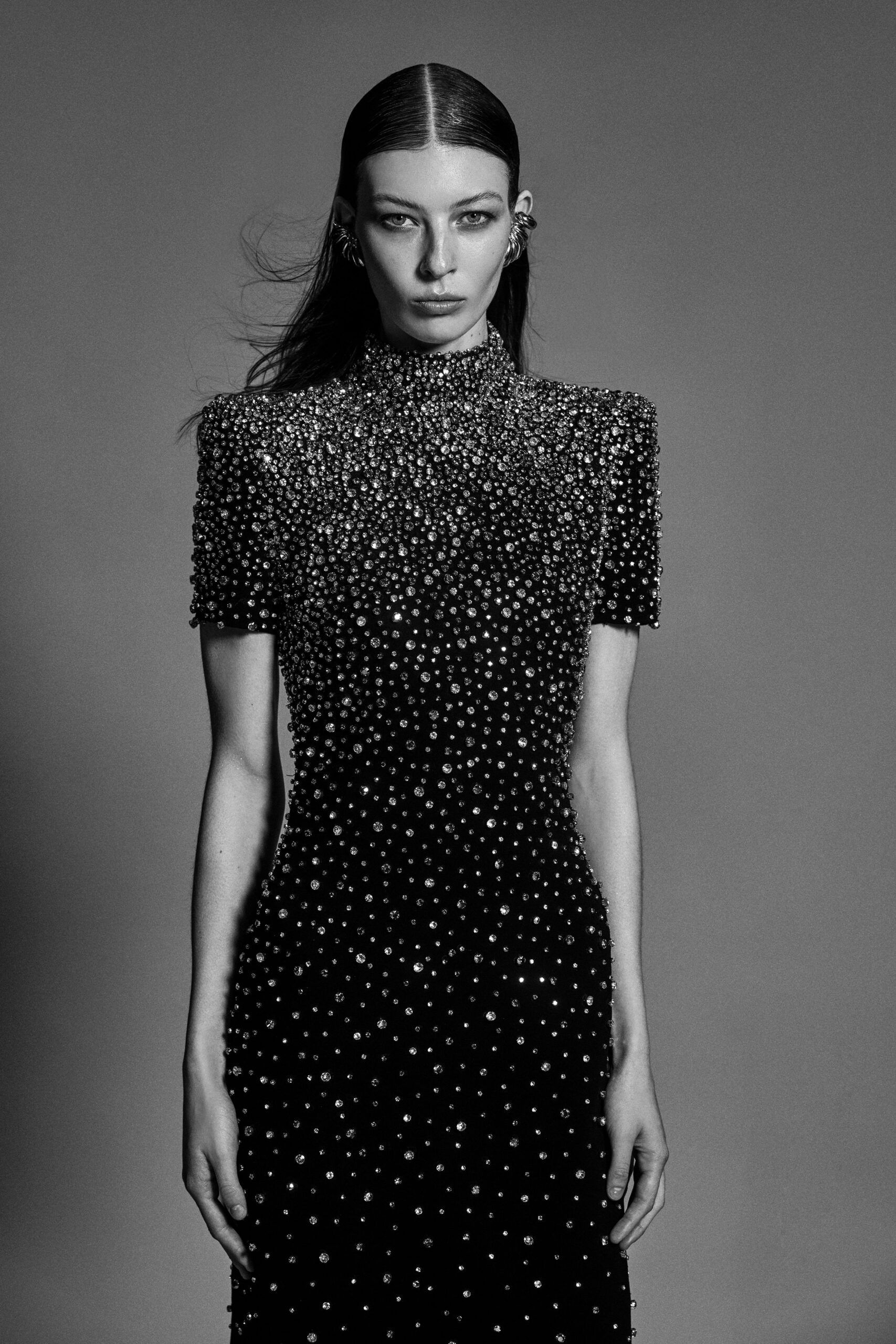 black beaded high-neck gown