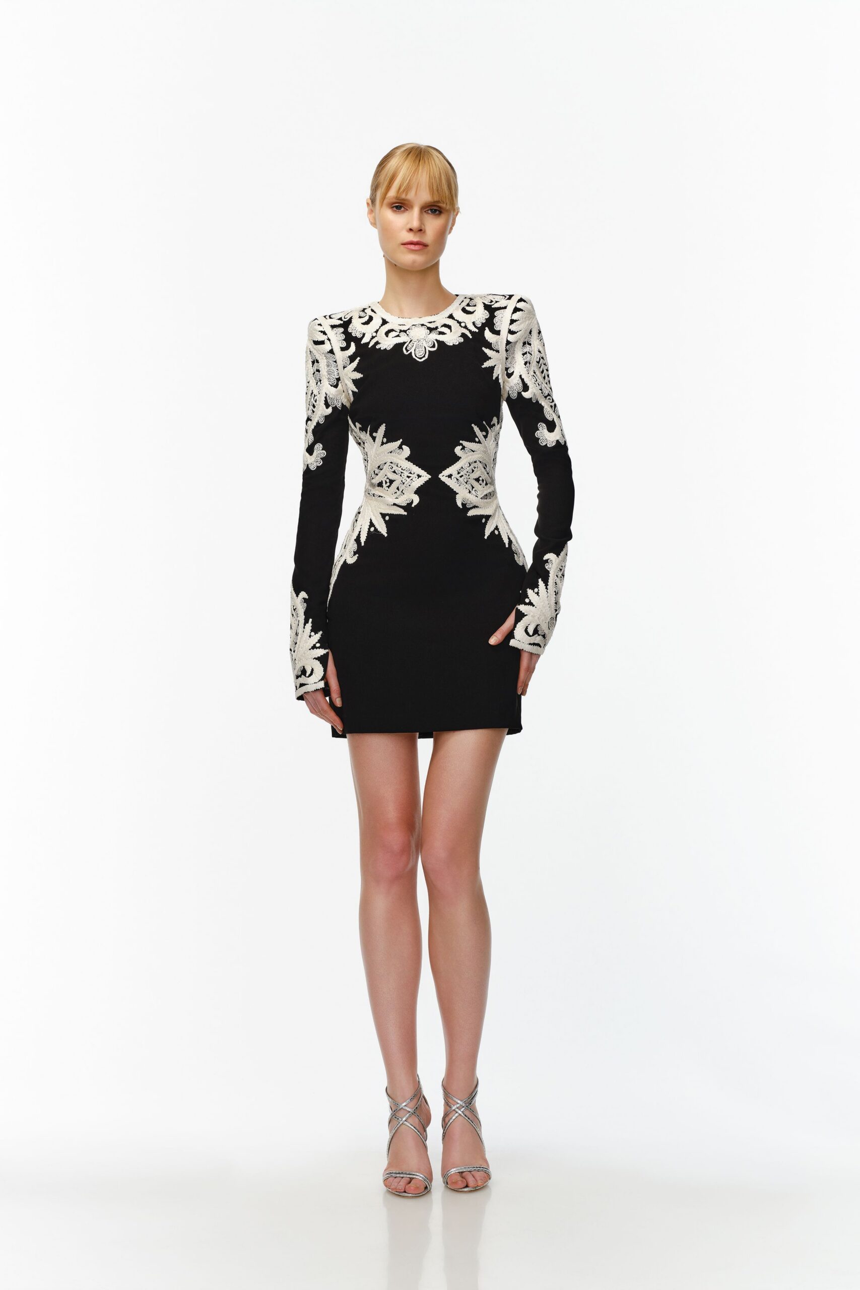 black cotton long-sleeve collared fitted structured embroidered mini-dress