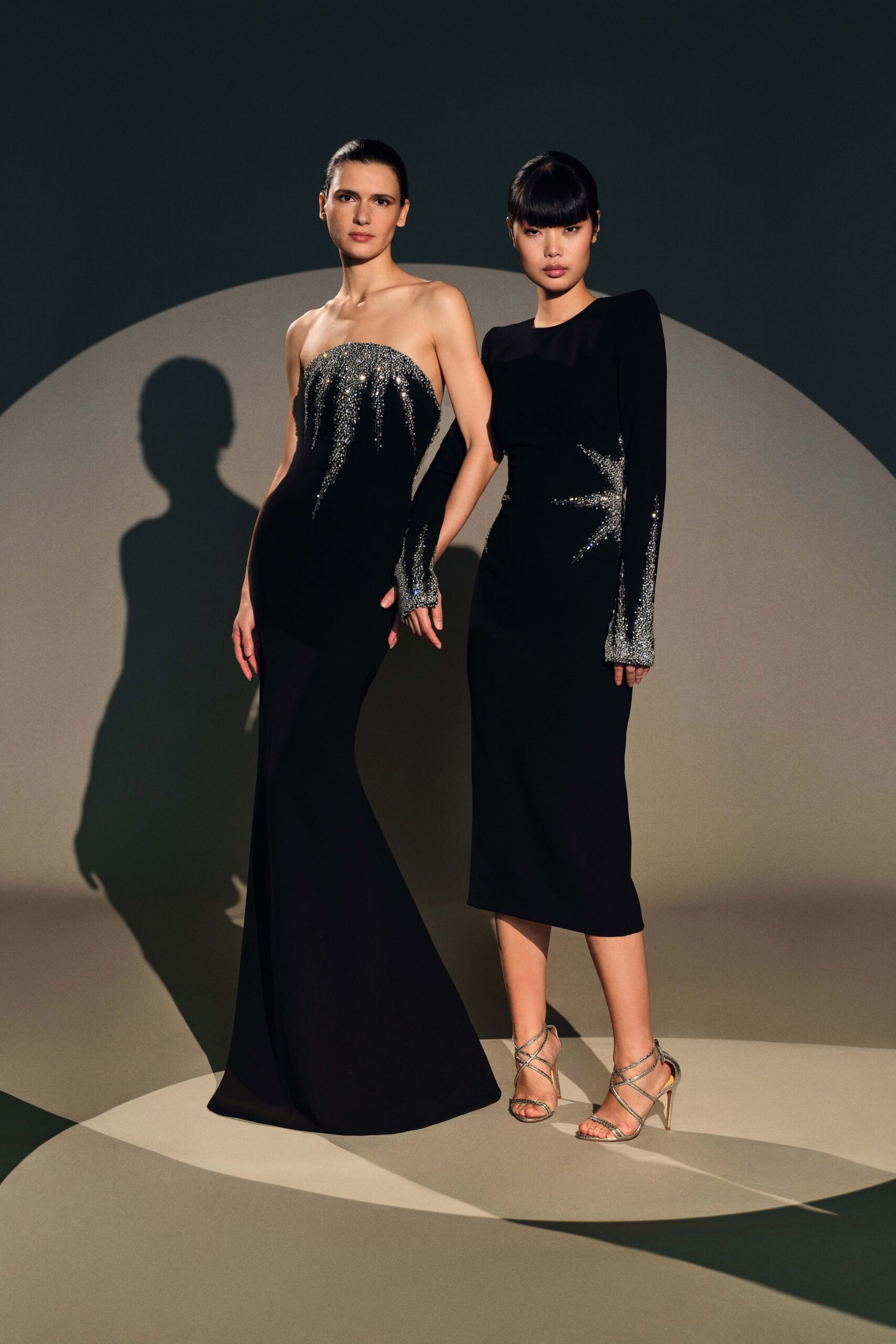 black embellished gowns and heels