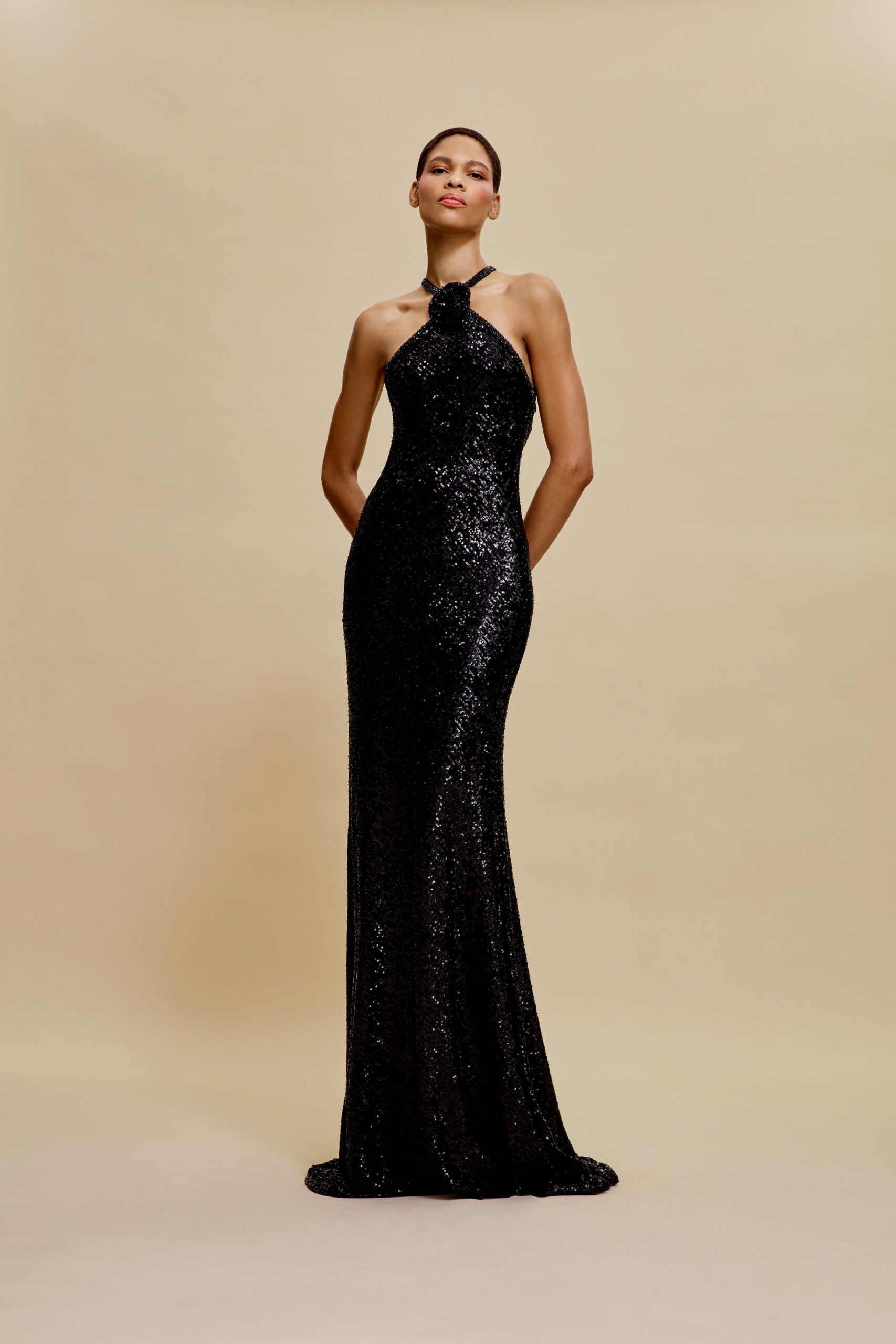 black sequin halter gown