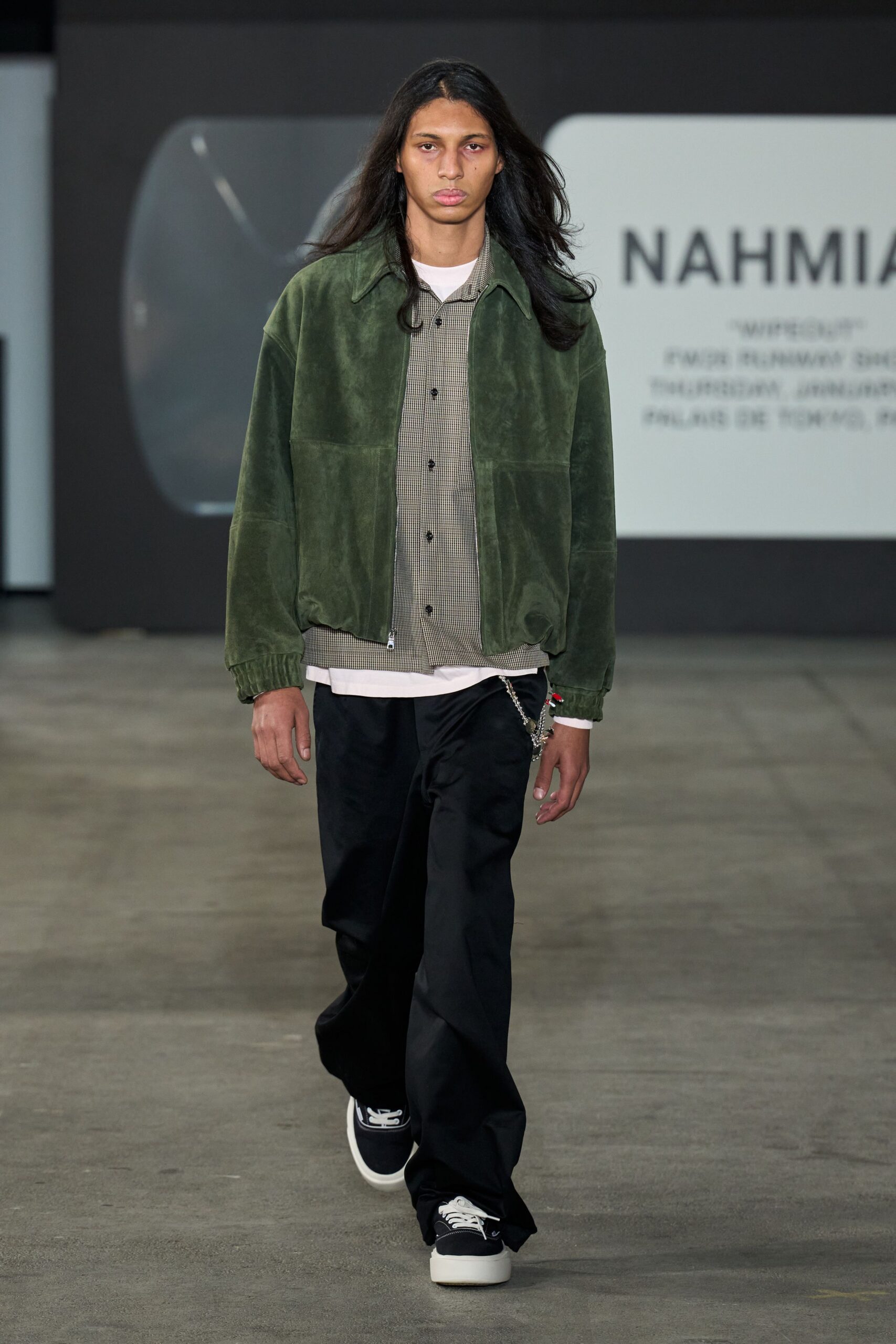 green relaxed jacket with gray shirt