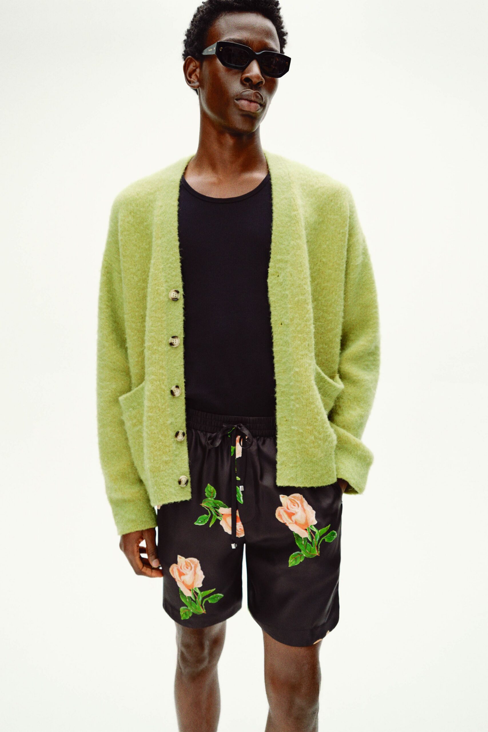 green wool long-sleeve collared relaxed buttoned cardigan