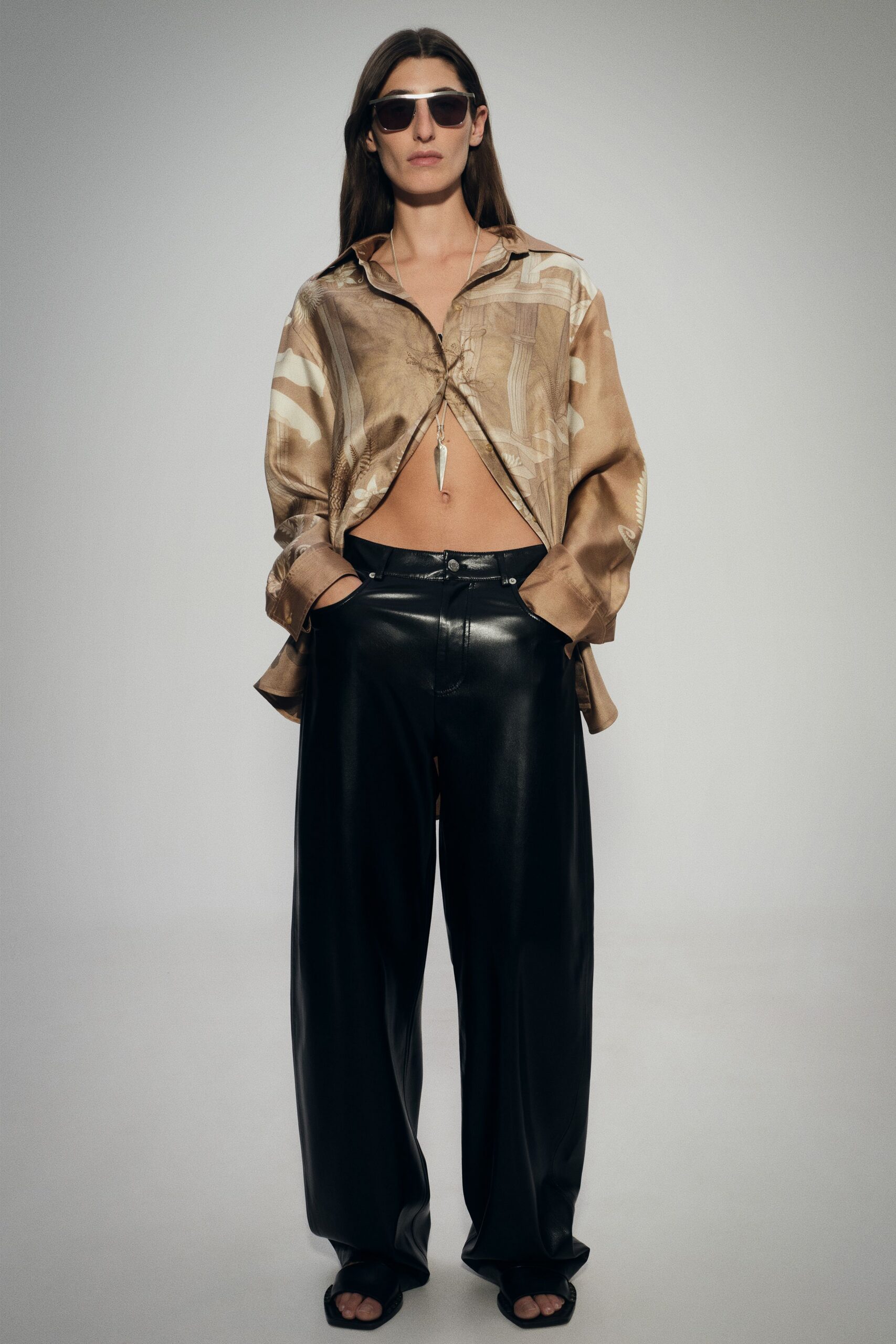 gold silk long-sleeve collared relaxed buttoned shiny shirt