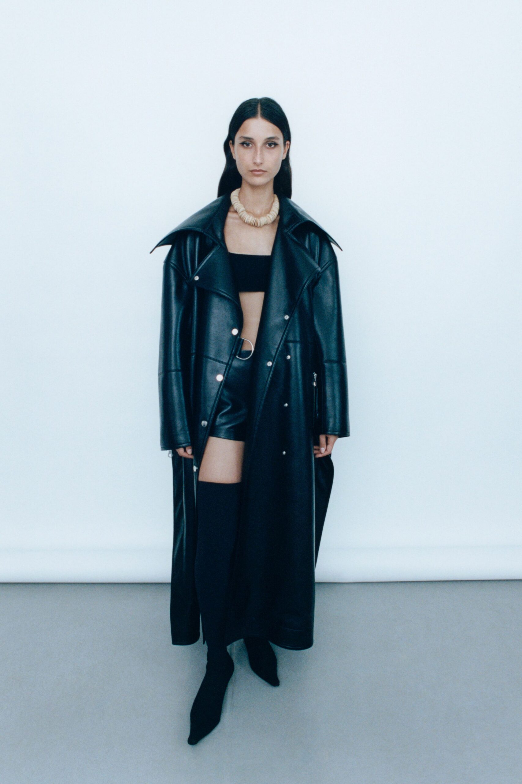 black leather long-sleeve collared relaxed zippered maxi coat