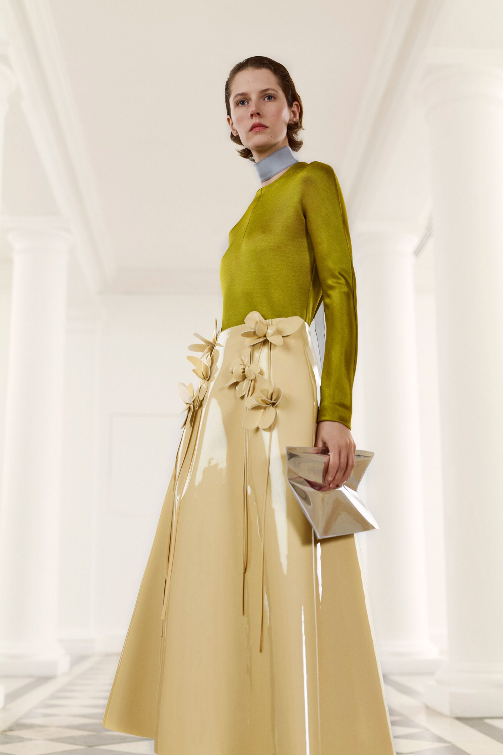 yellow vinyl fitted pleated shiny maxi skirt