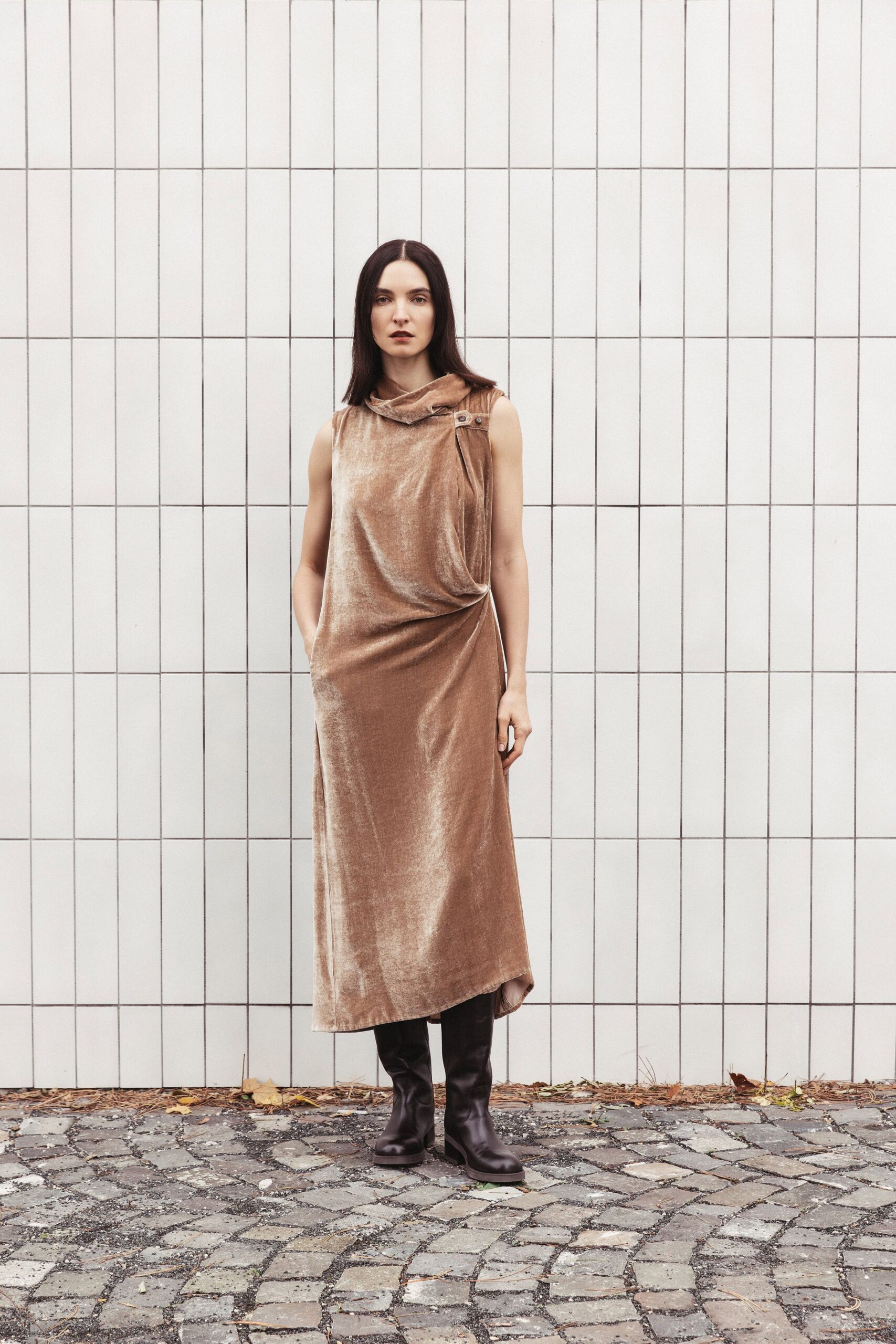 brown velvet sleeveless high-neck fitted draped flowing dress