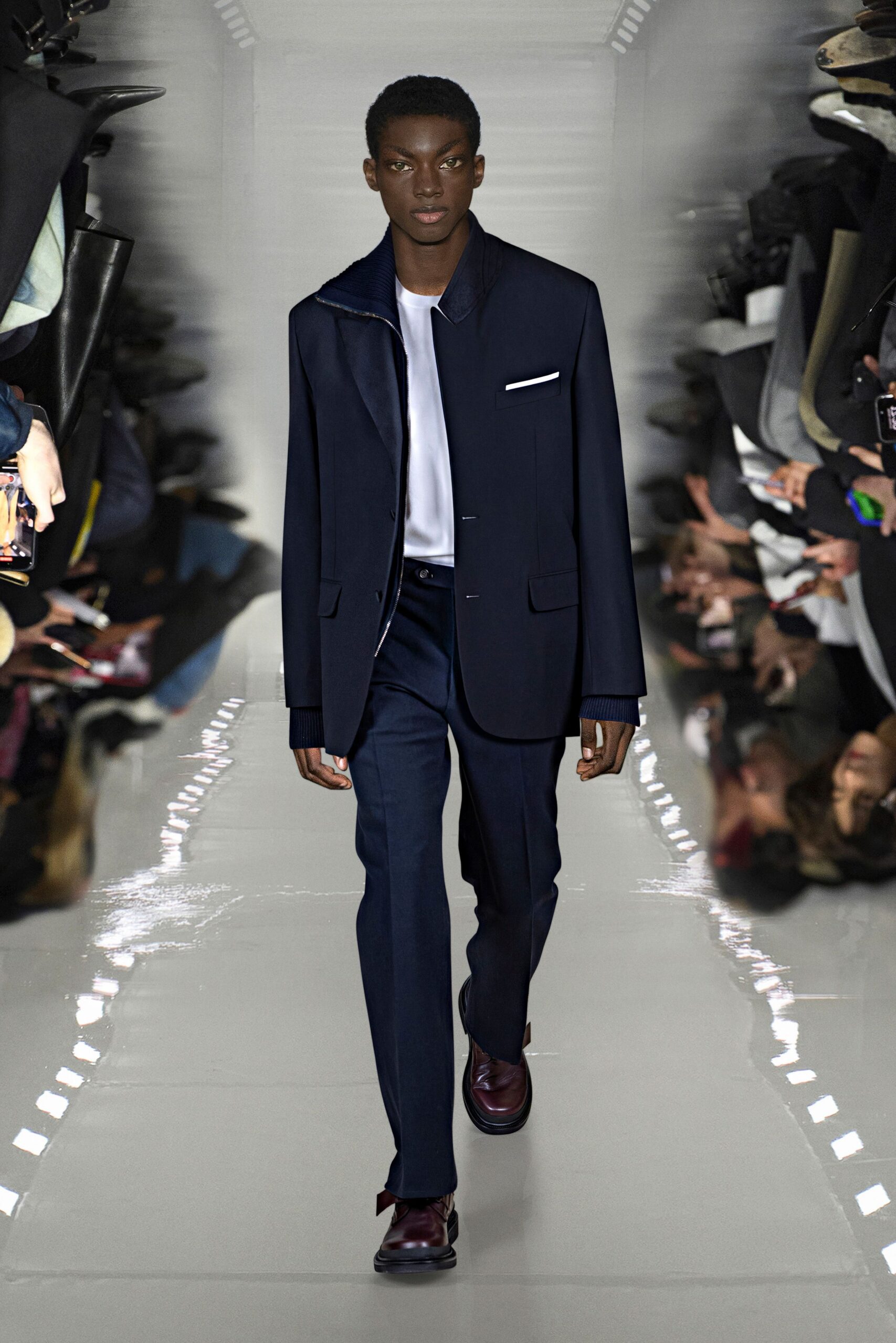 navy tailored suit with white shirt