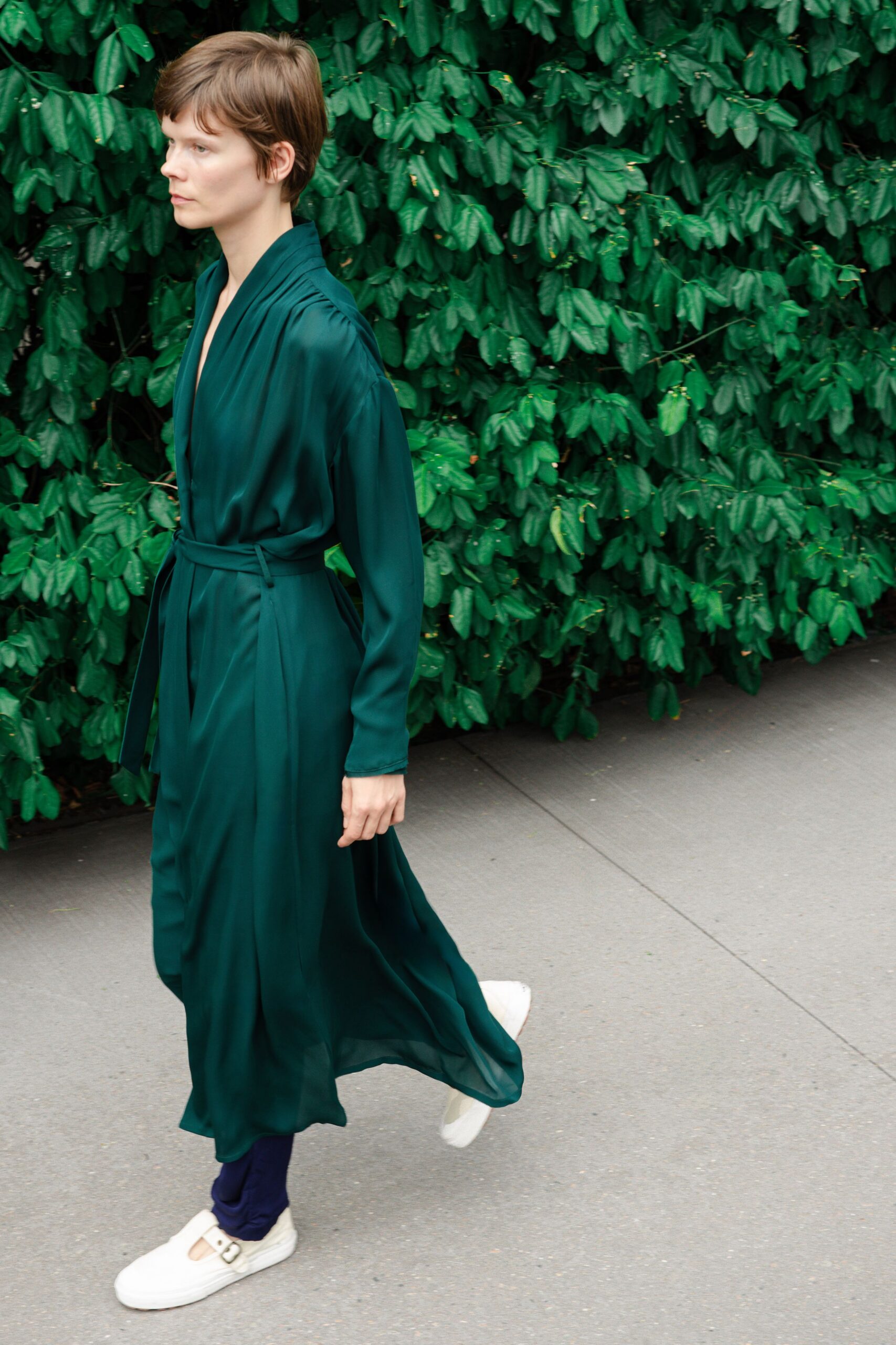green silk long-sleeve v-neck relaxed belted draped dress