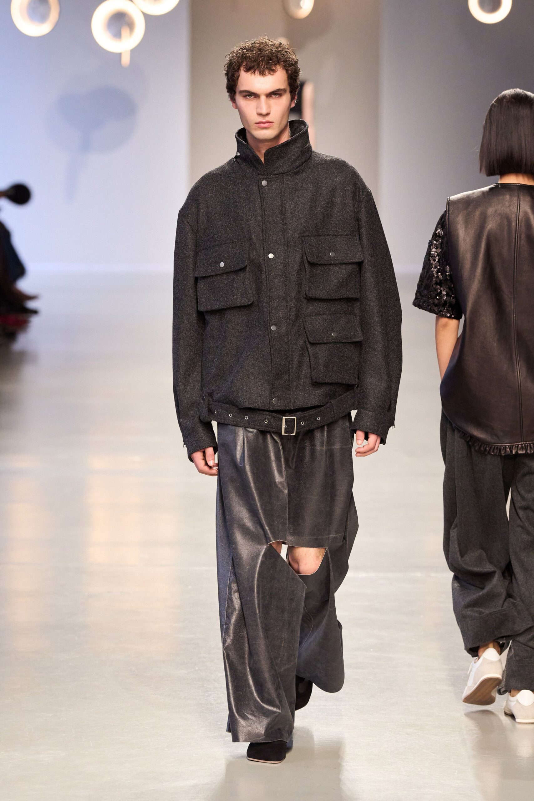 gray wool jacket black skirt
