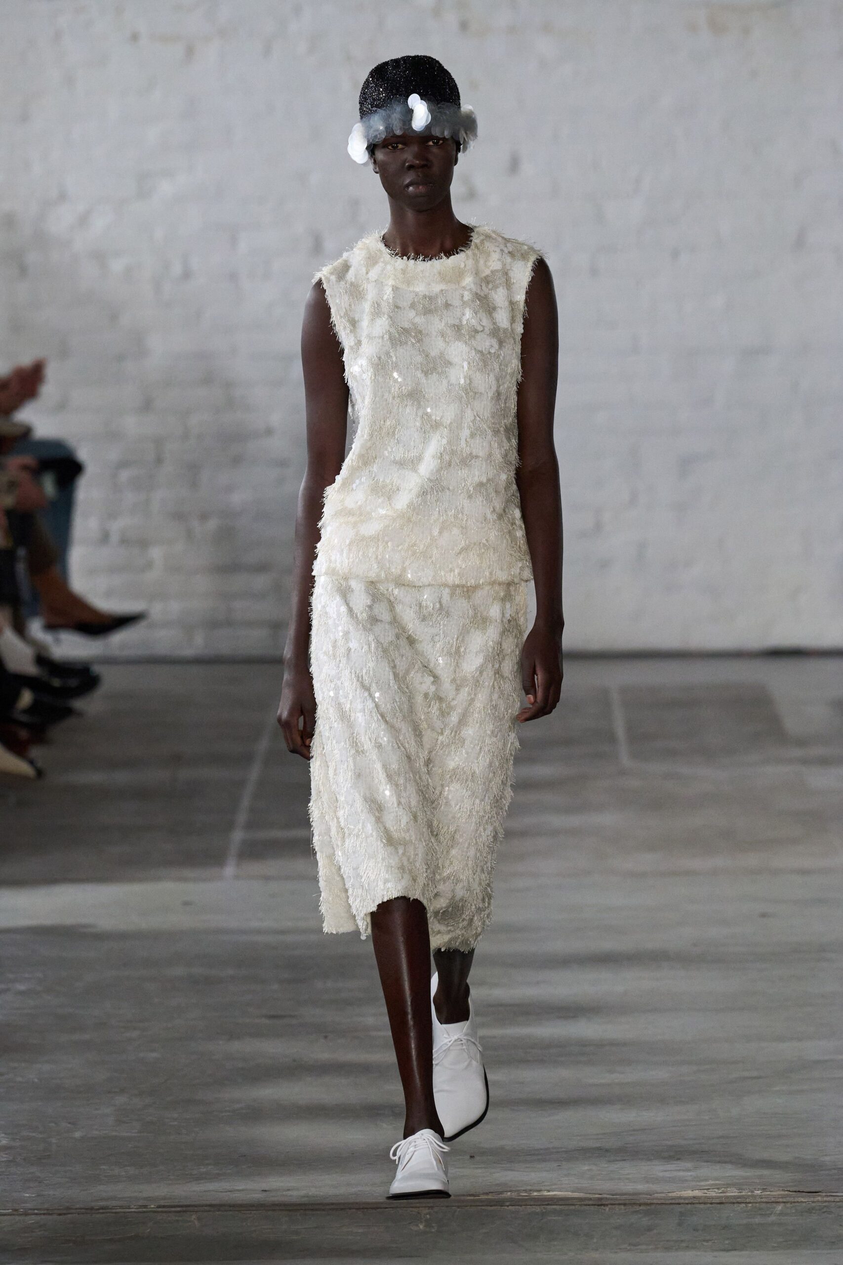 white silk sleeveless high-neck fitted layered textured dress