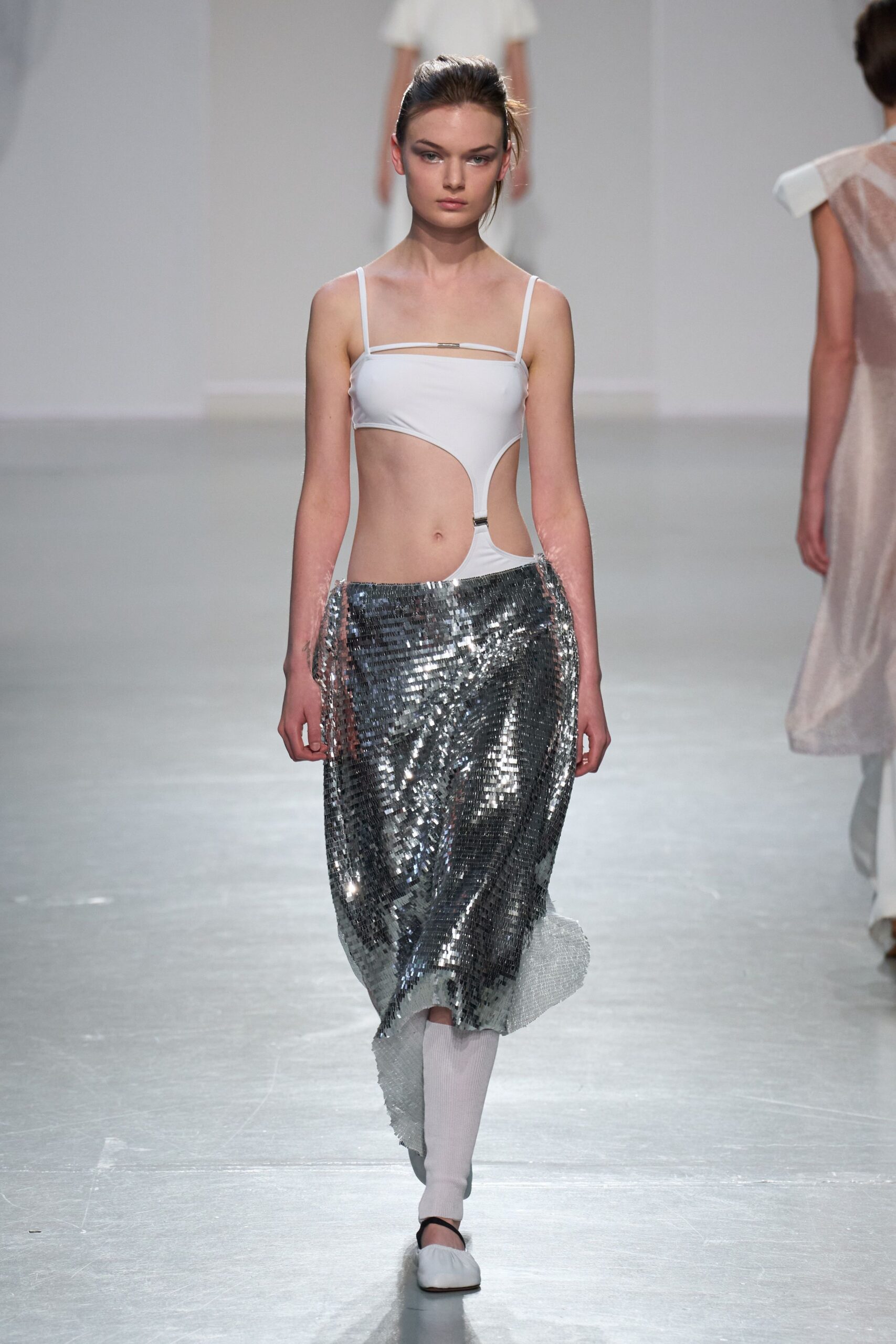 gray sequin asymmetric fitted pleated shiny midi skirt