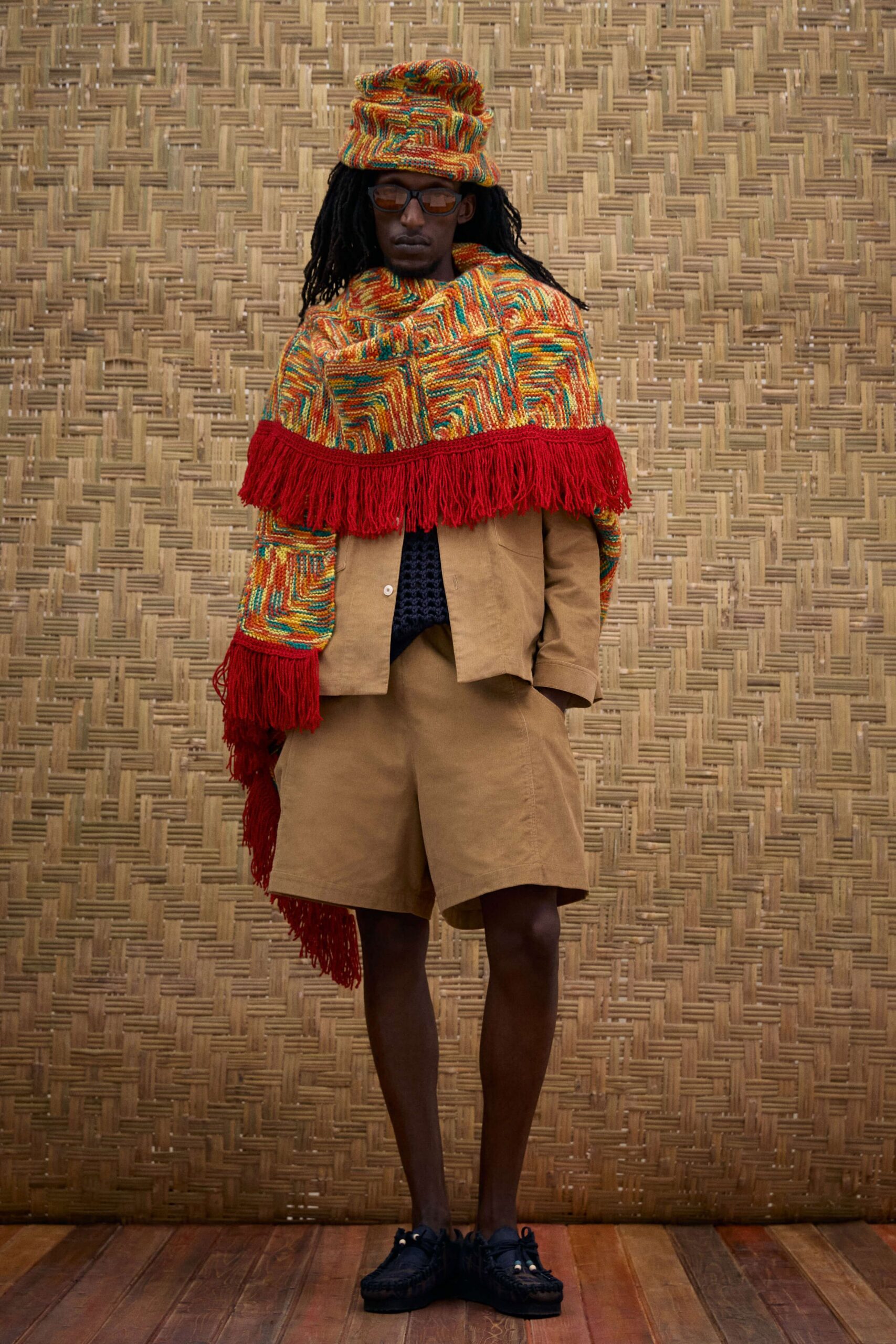 multi cotton long-sleeve collared relaxed fringed jacket