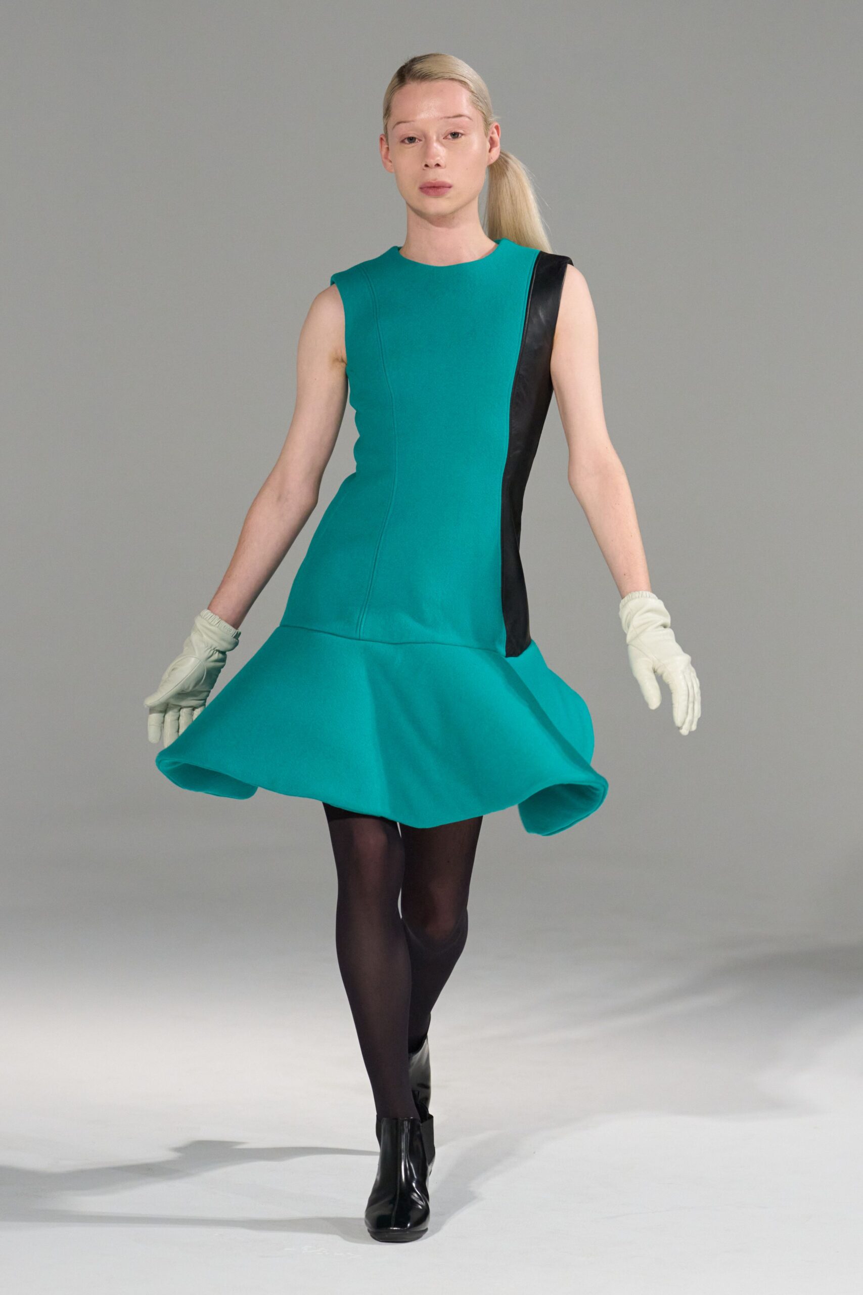 teal neoprene sleeveless high-neck fitted flared mini dress