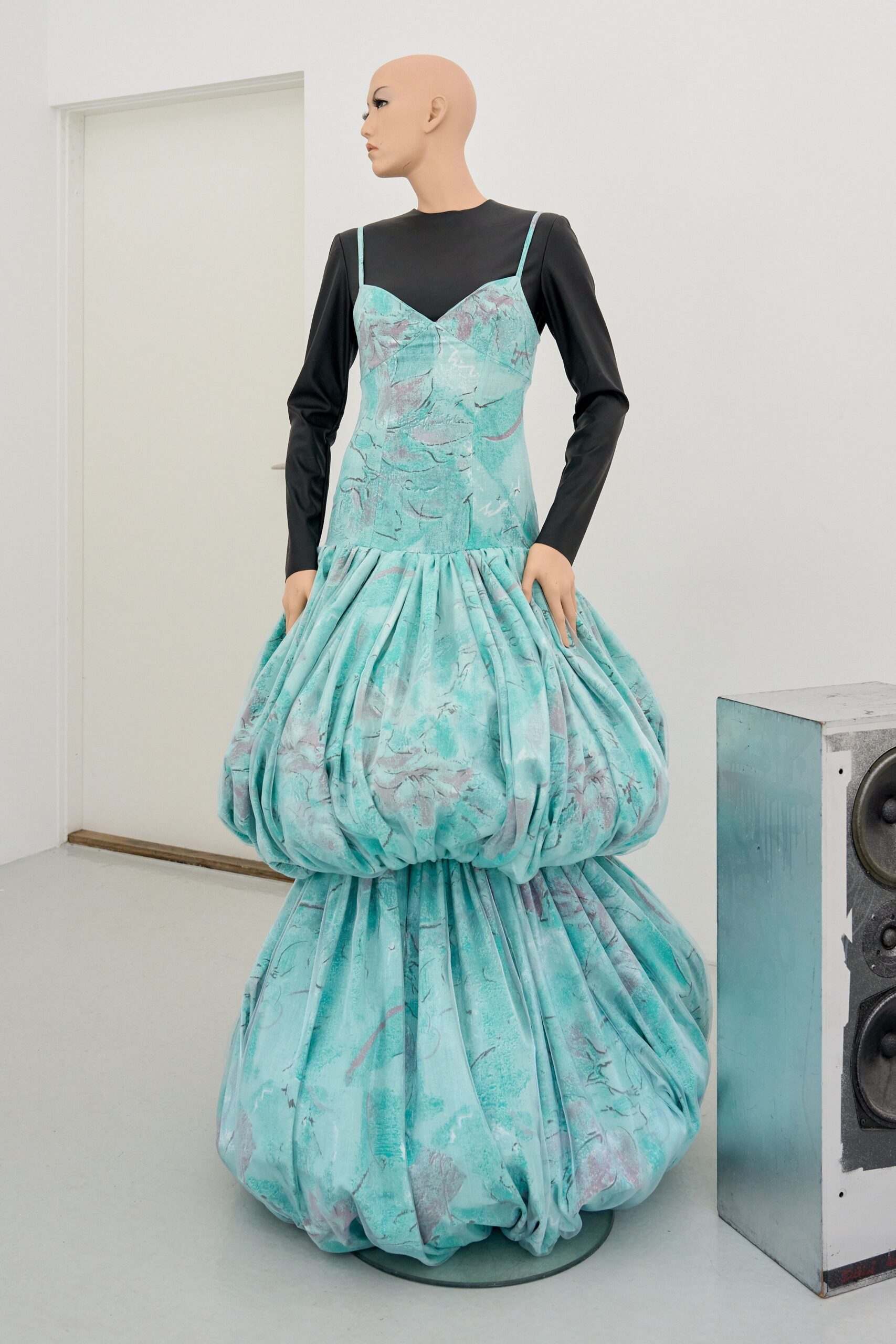 teal silk sleeveless v-neck fitted pleated layered gown