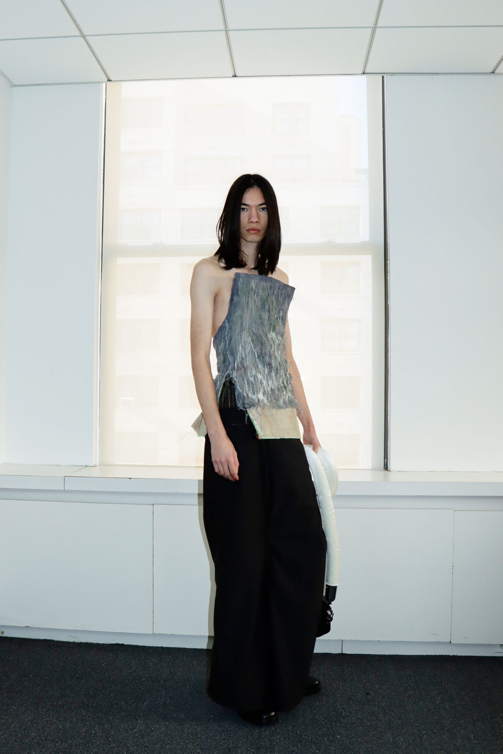 gray silk sleeveless high-neck fitted layered sheer top