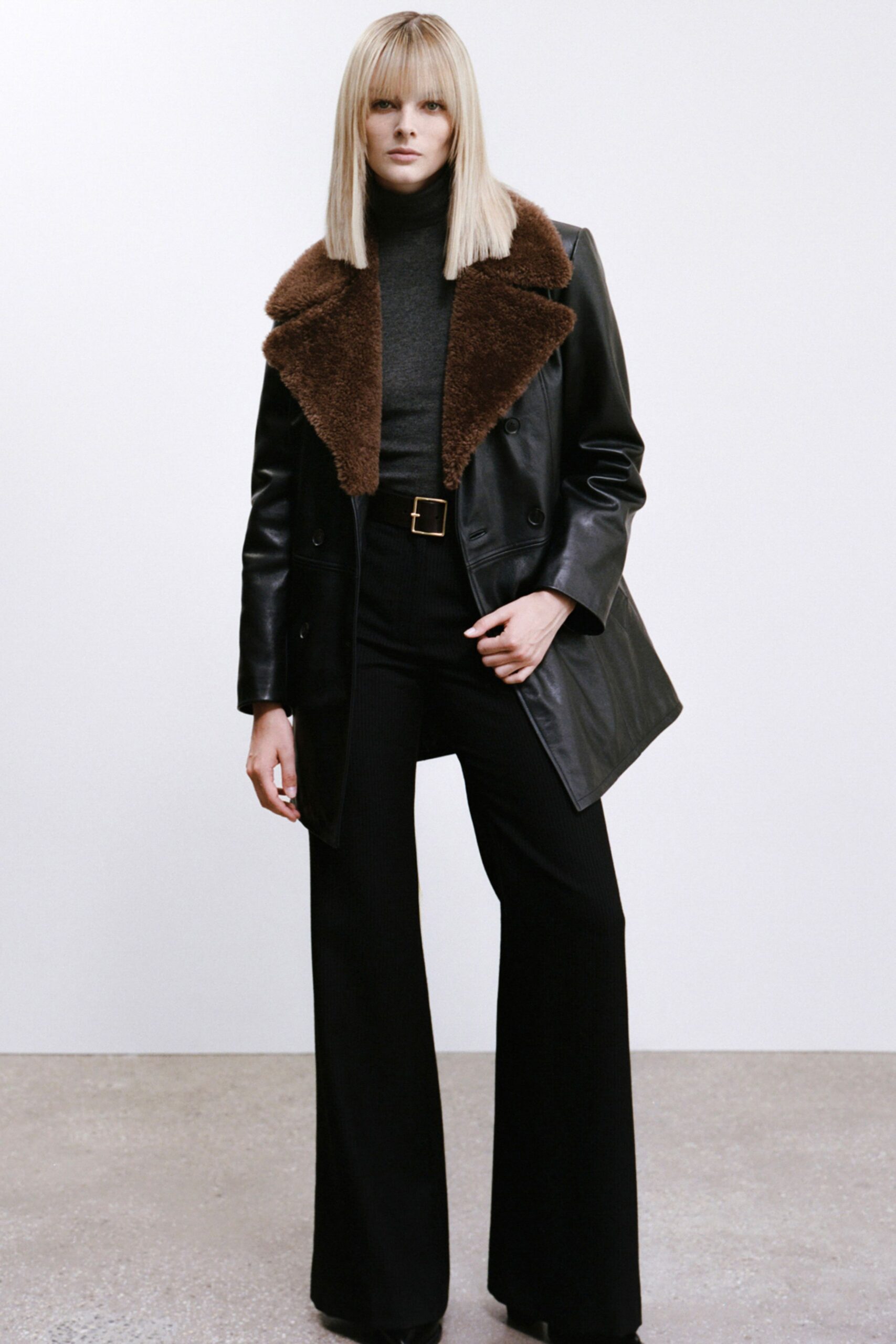 black leather long-sleeve collared tailored buttoned jacket