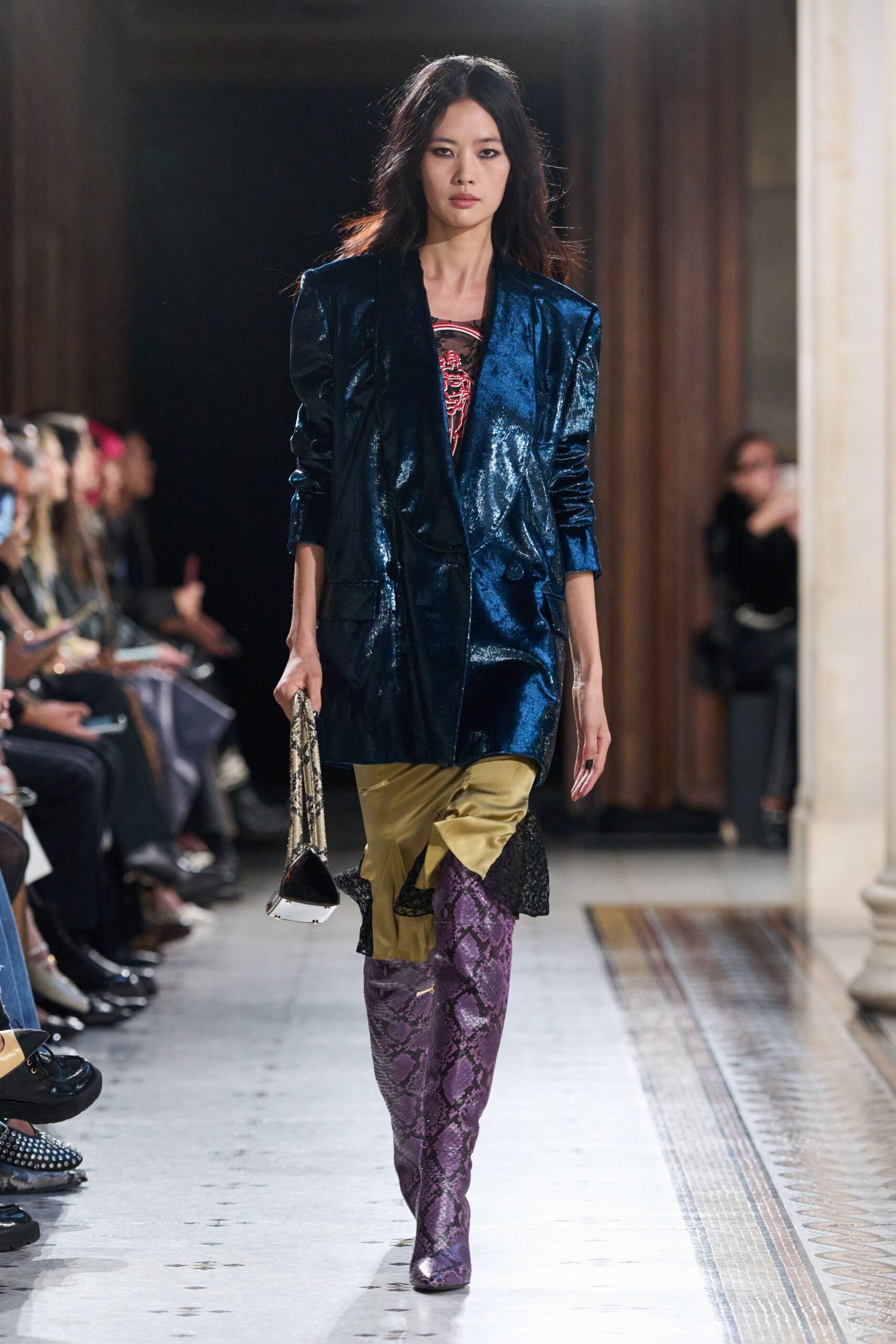 blue velvet long-sleeve collared structured textured shiny blazer