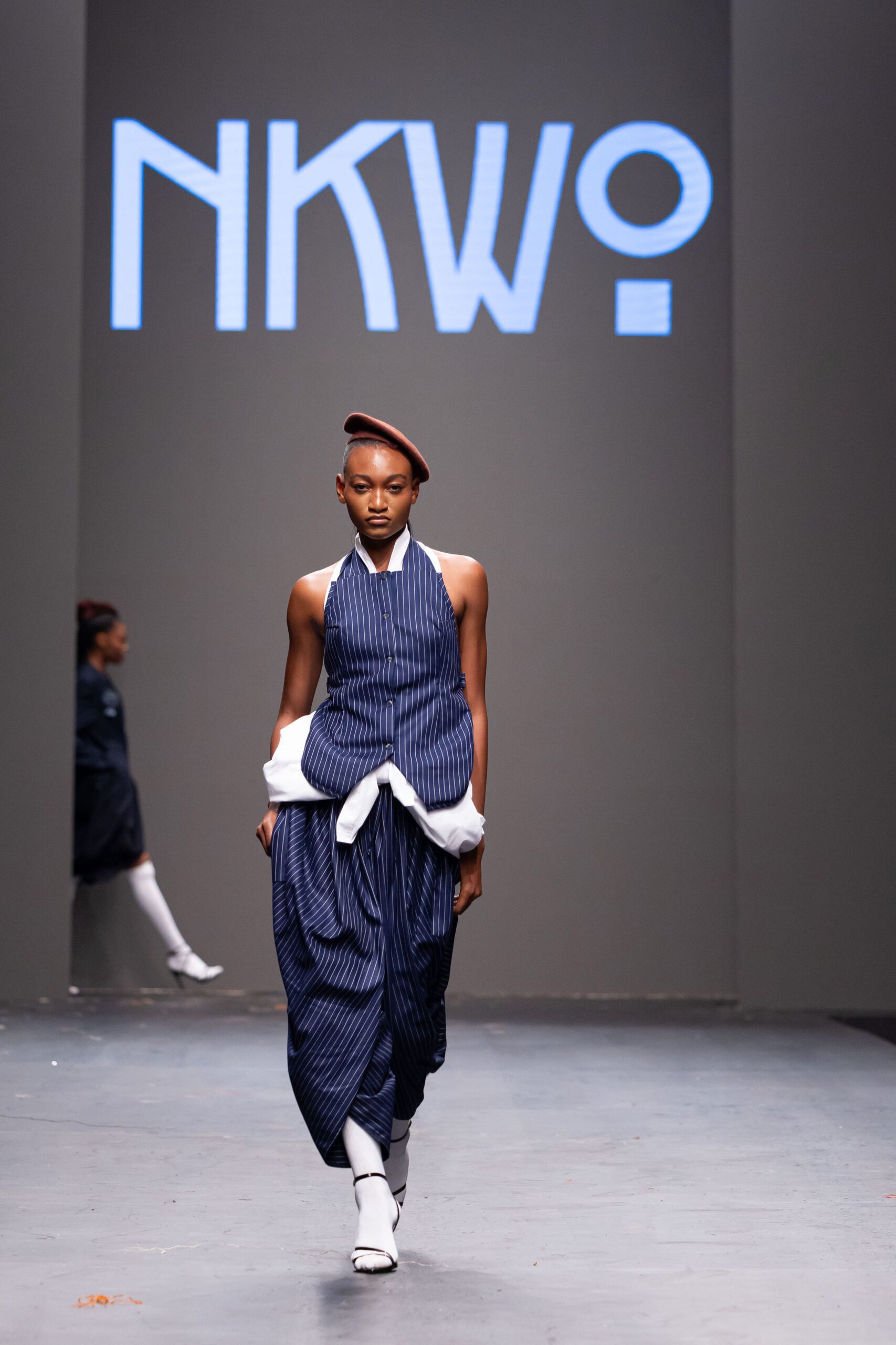 blue striped jumpsuit with coat