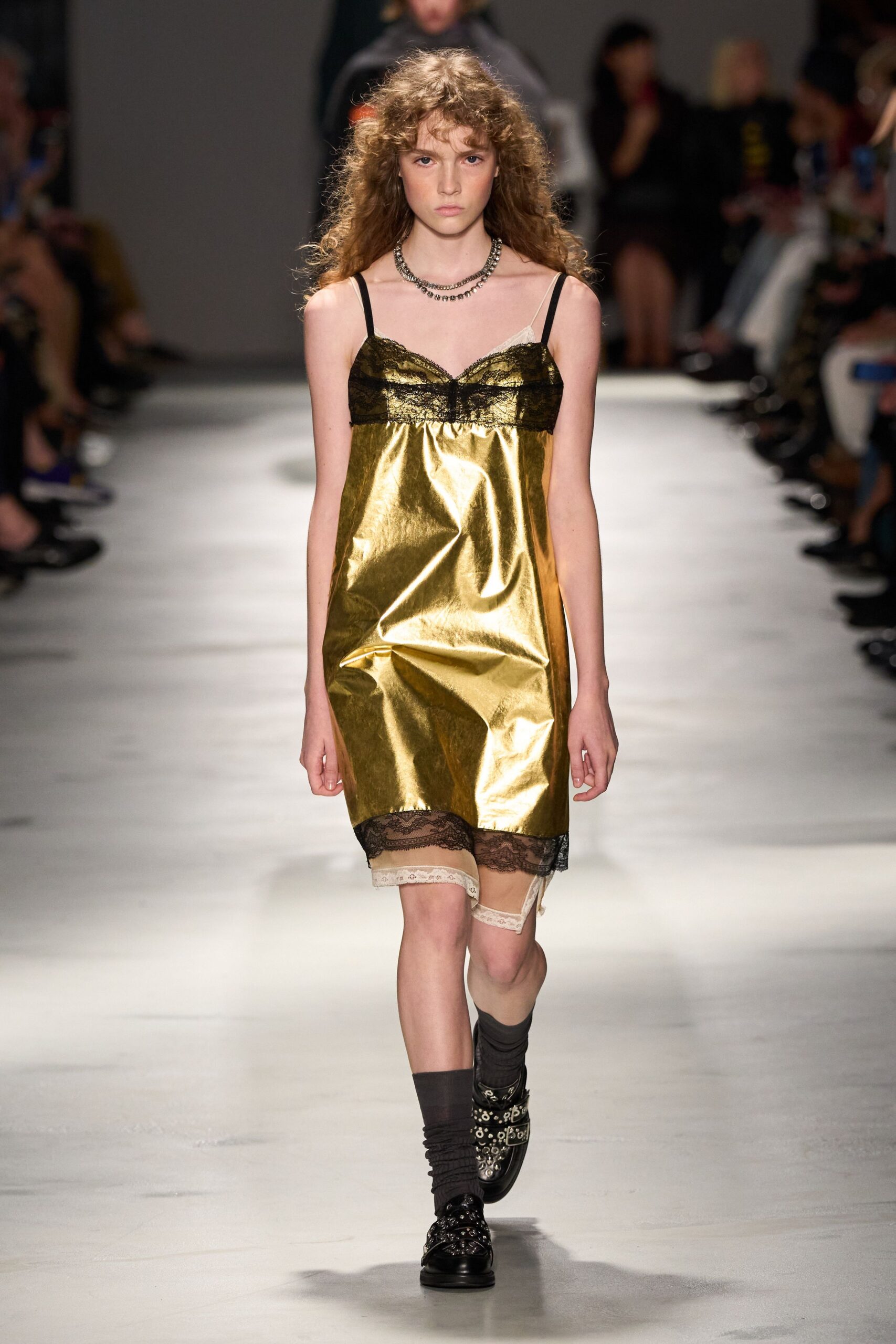 gold silk sleeveless v-neck relaxed layered shiny dress