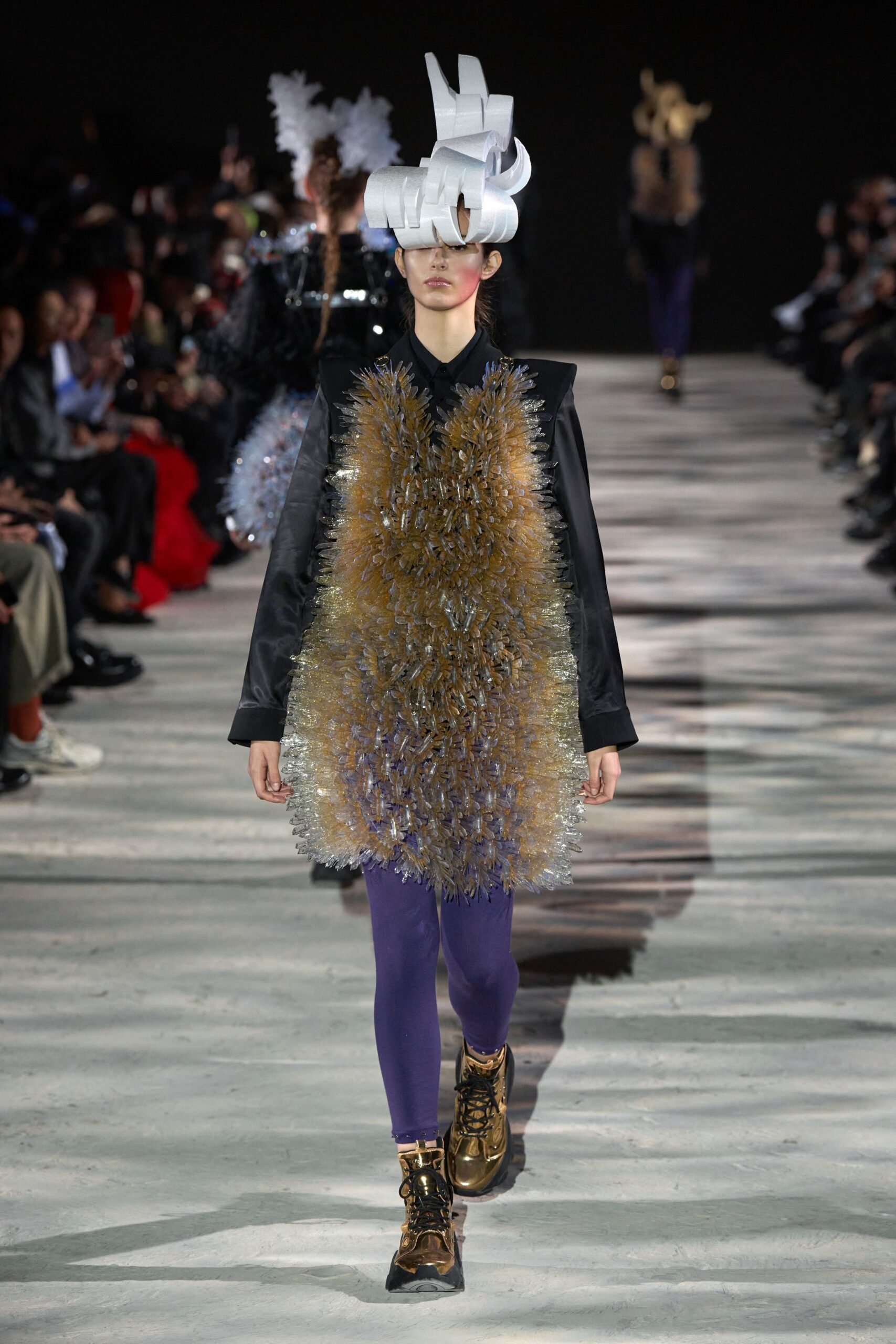gold silk long-sleeve collared relaxed layered fringed dress