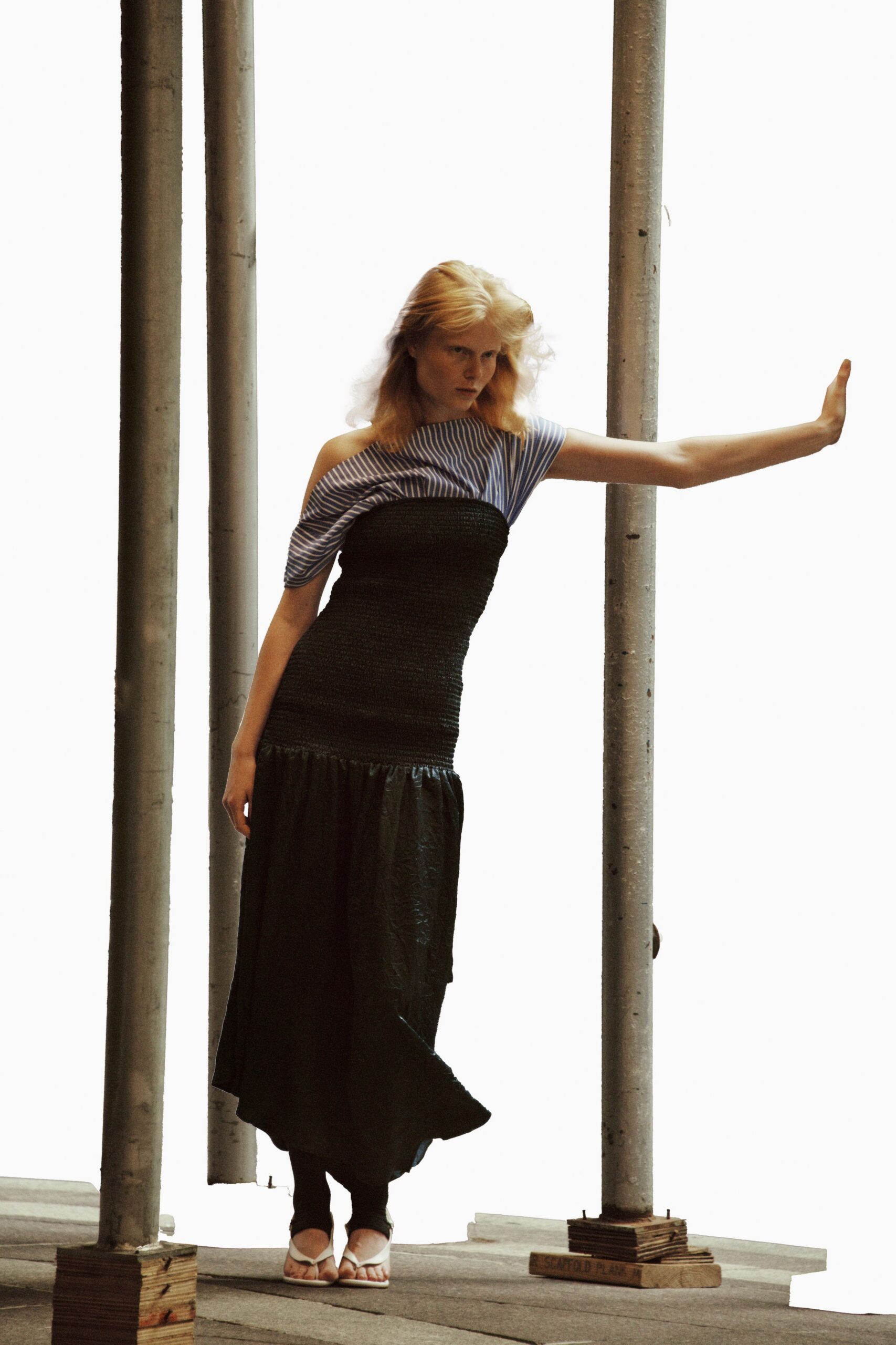 black cotton off-shoulder short-sleeve fitted pleated layered dress