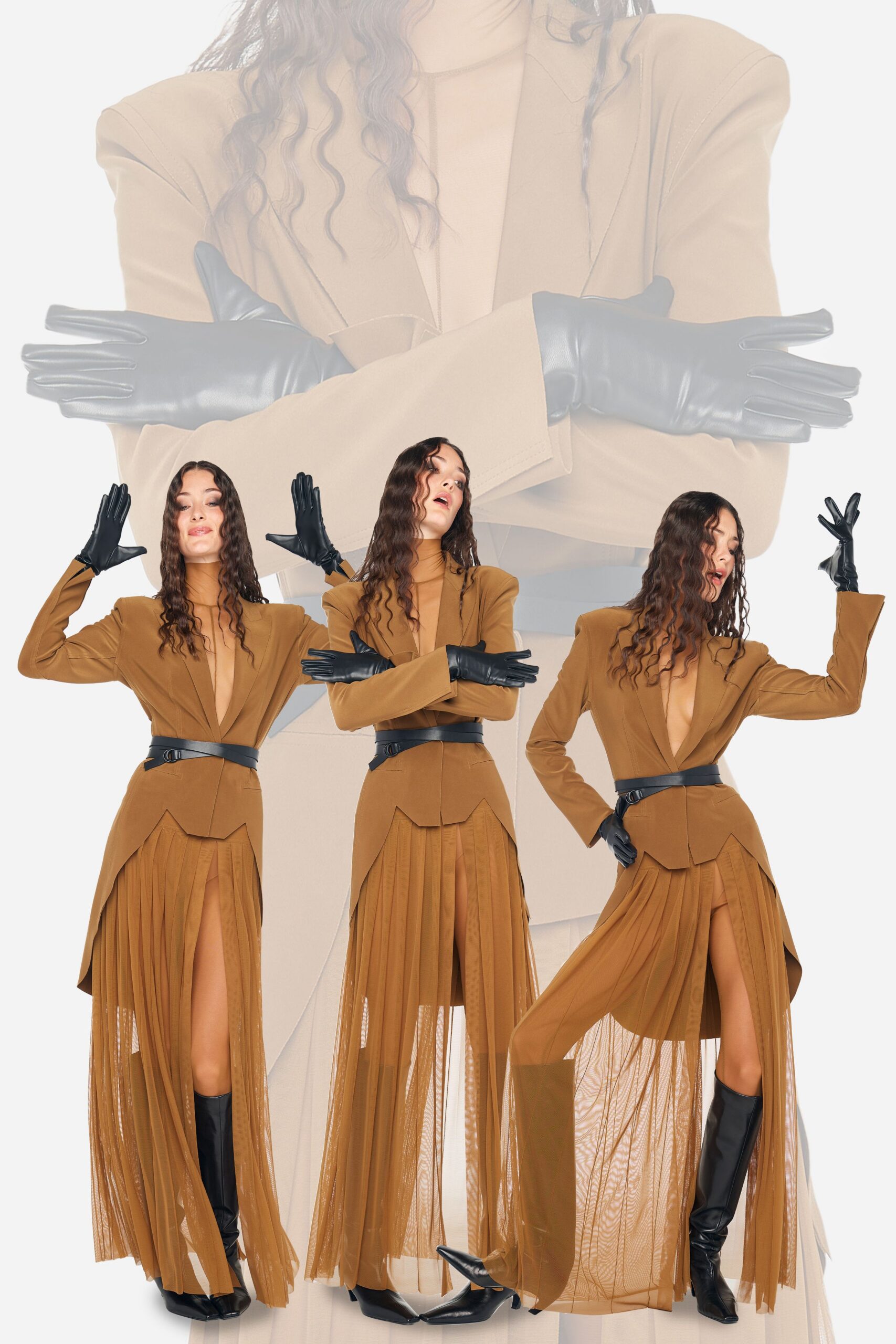 brown silk long-sleeve v-neck fitted pleated belted dress
