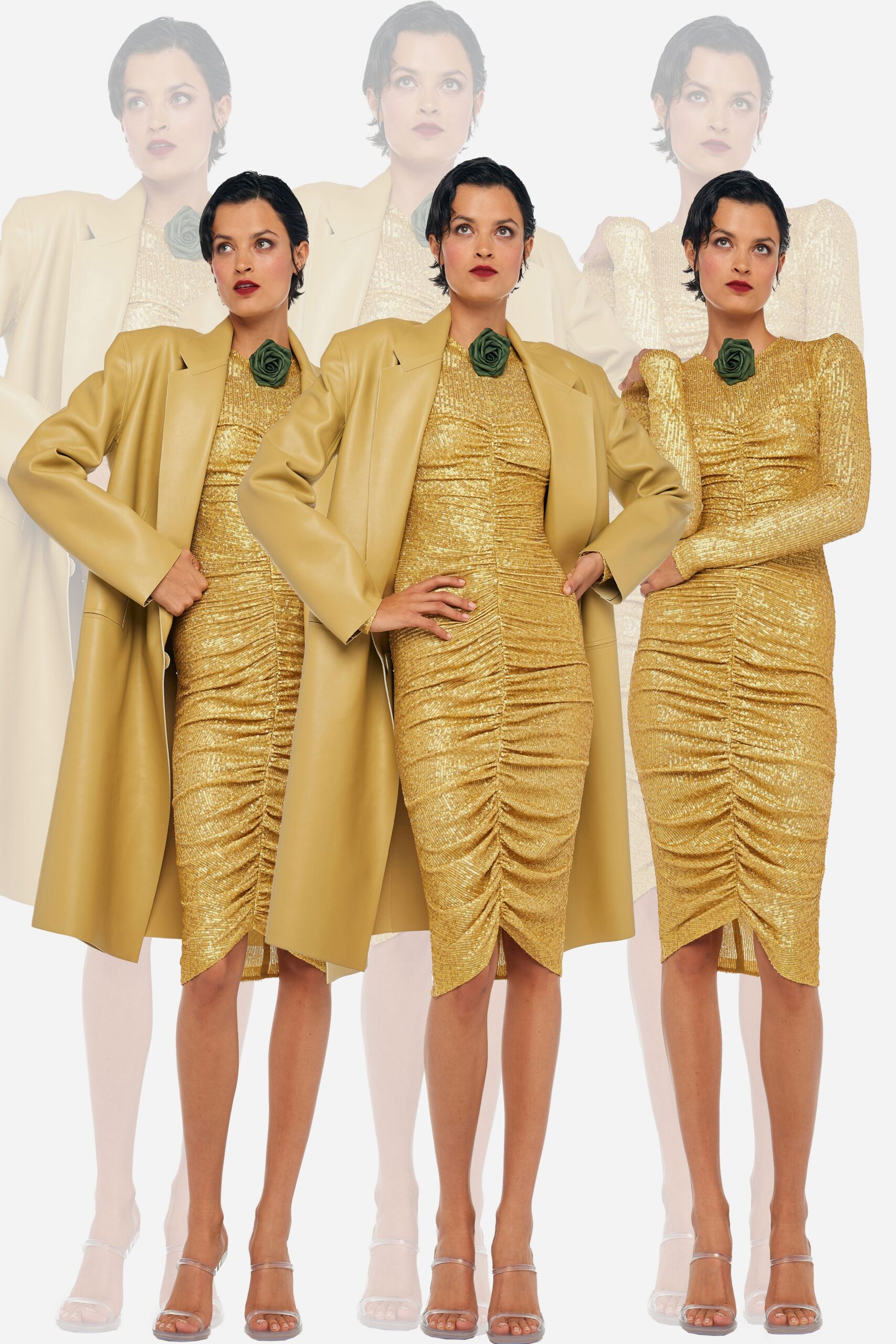 gold sequin long-sleeve v-neck fitted ruched shiny dress
