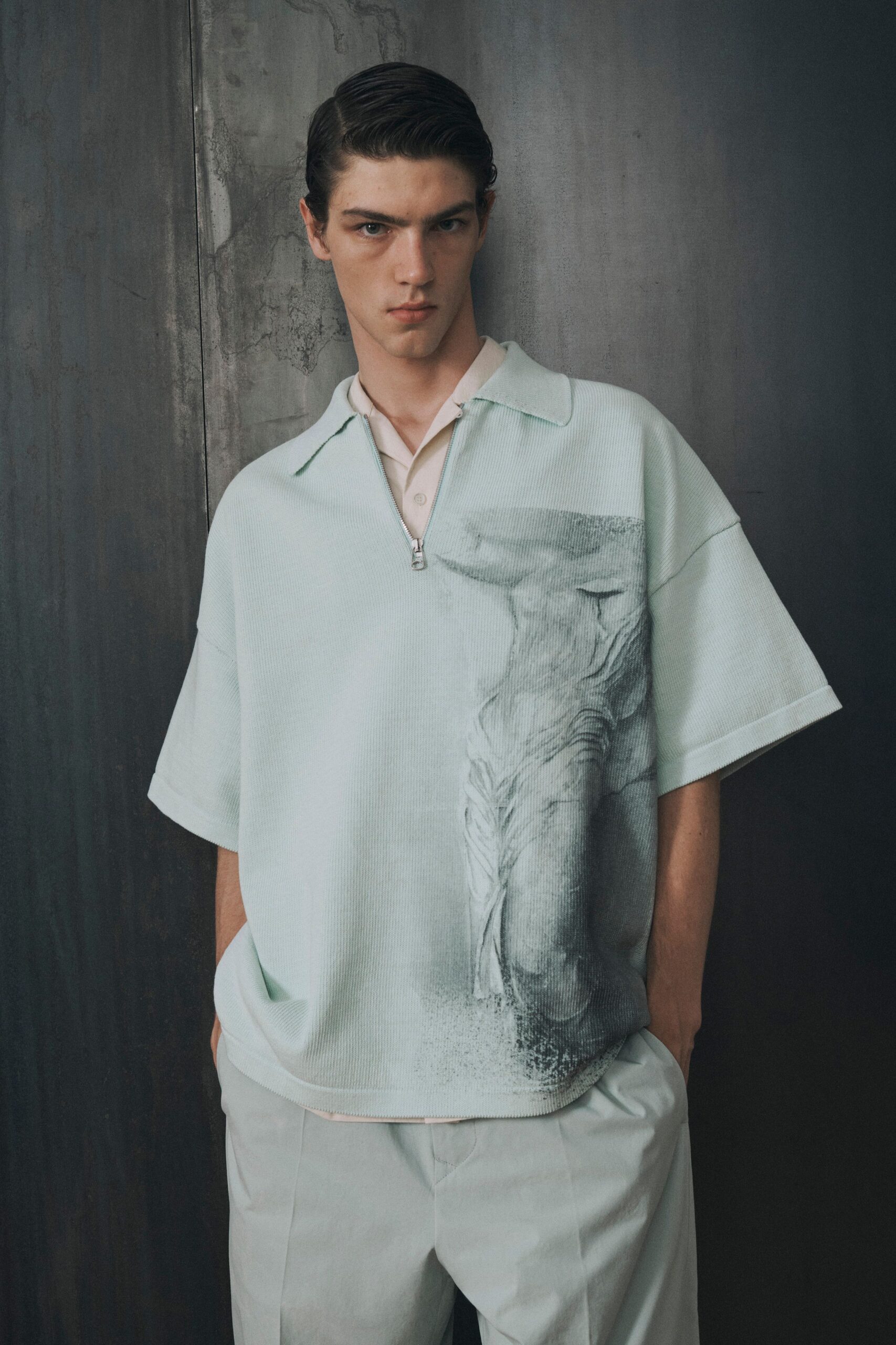 blue cotton short-sleeve collared relaxed printed shirt