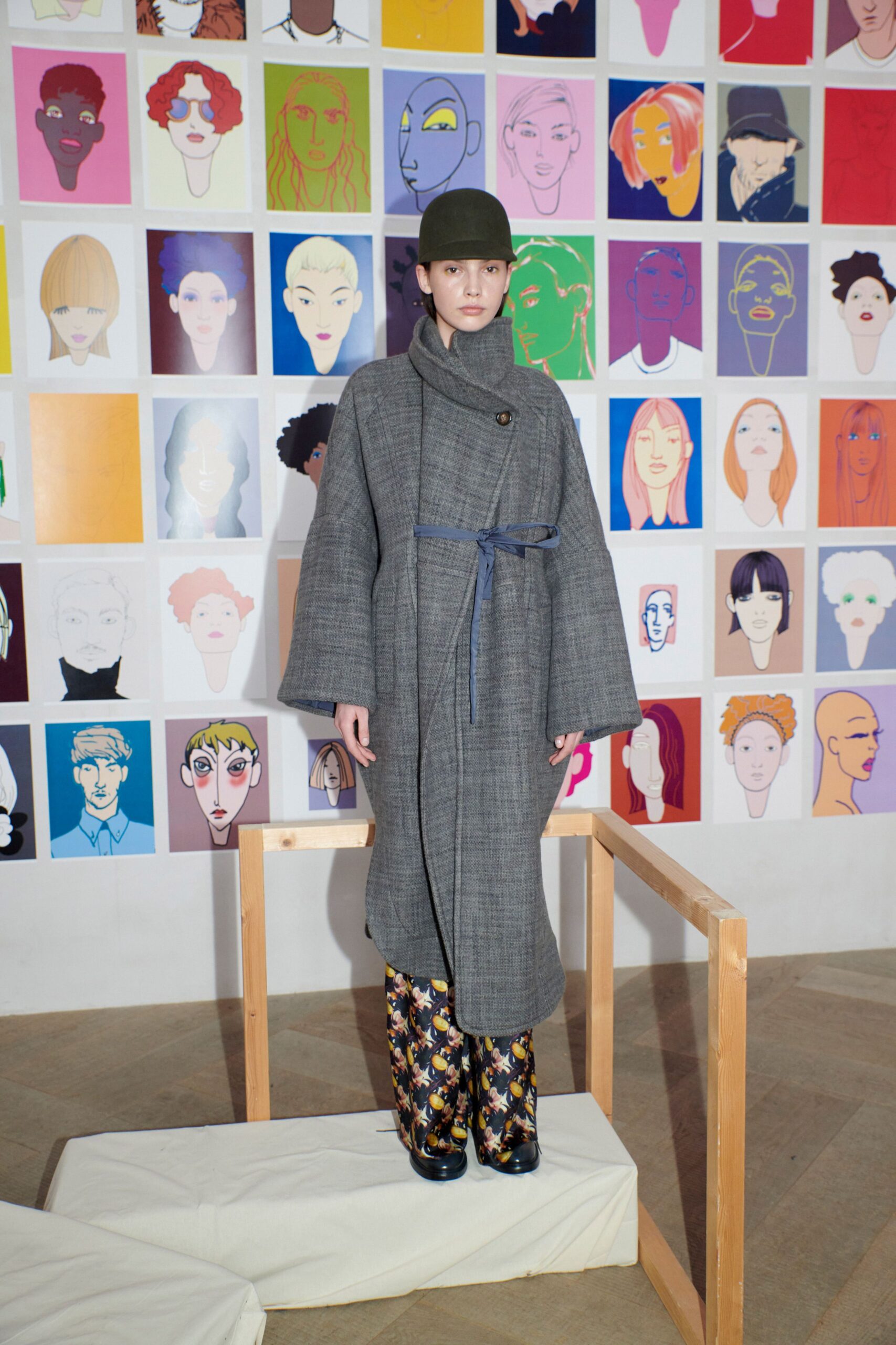 gray wool relaxed coat with multi pants