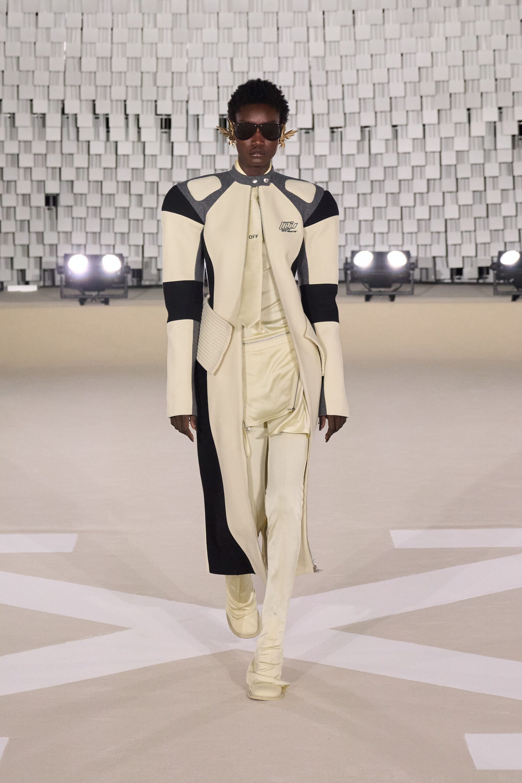 white neoprene long-sleeve collared structured zippered color-blocked coat