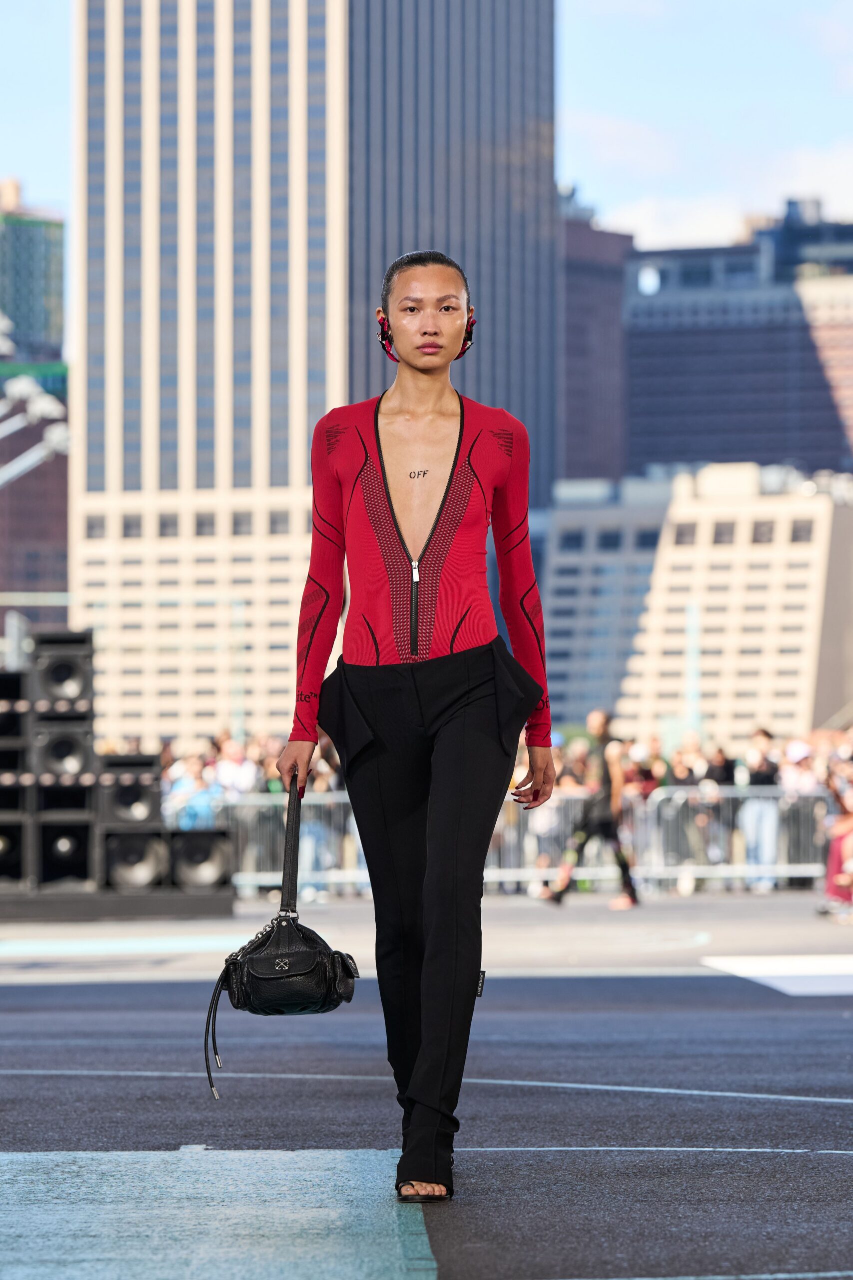 red neoprene long-sleeve v-neck fitted zippered catsuit