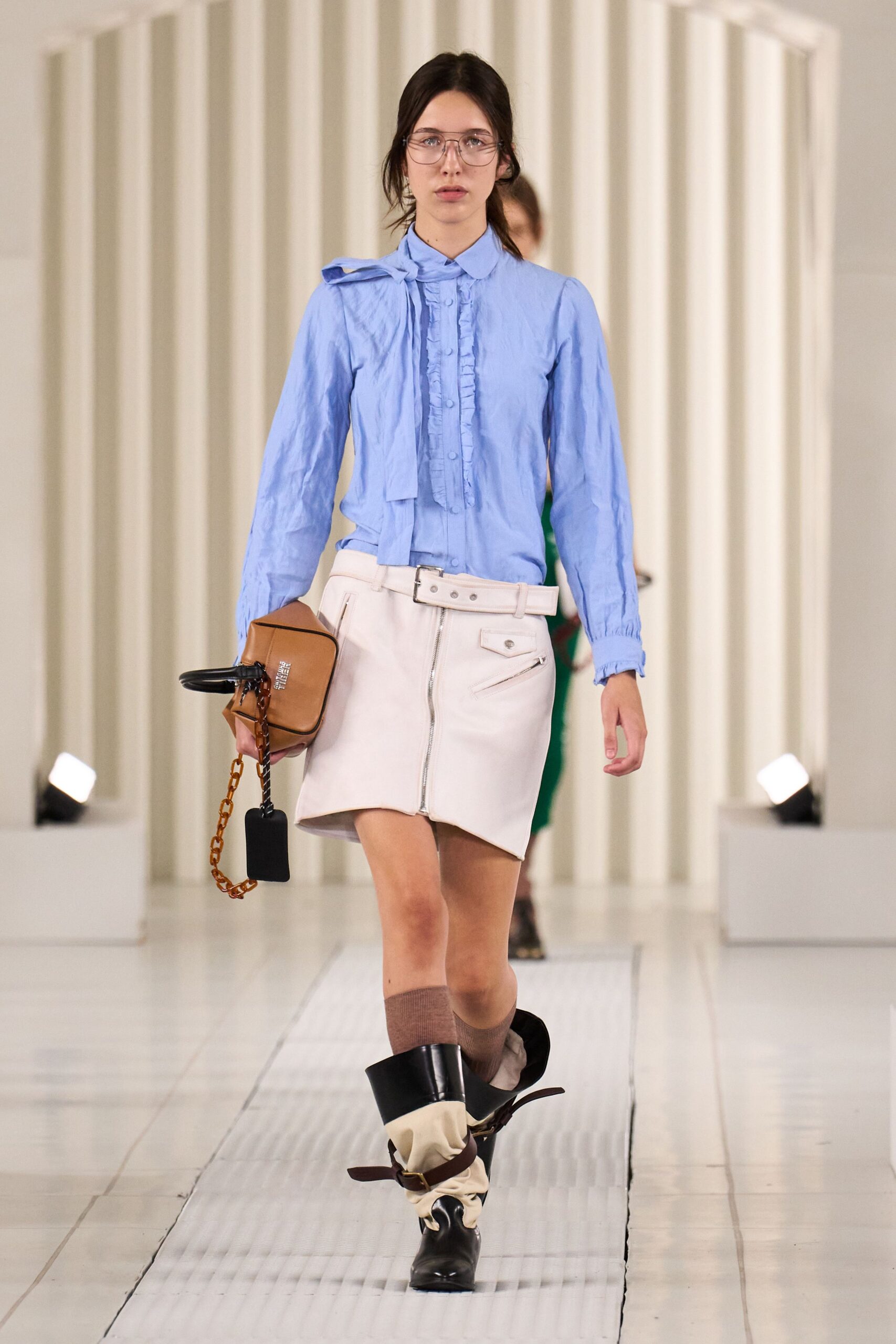 blue cotton long-sleeve collared fitted ruffled shirt