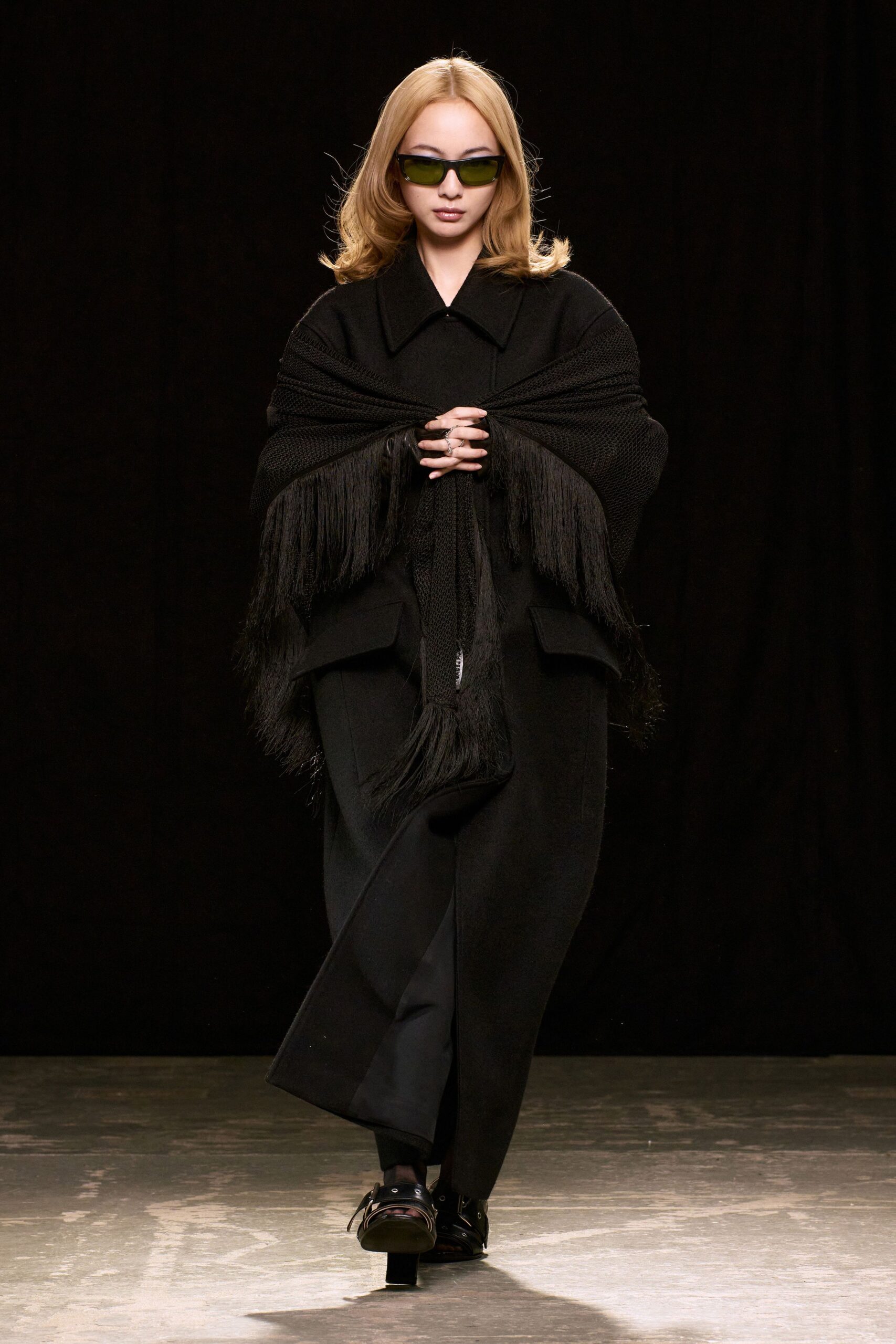 black wool long-sleeve collared relaxed fringed cape