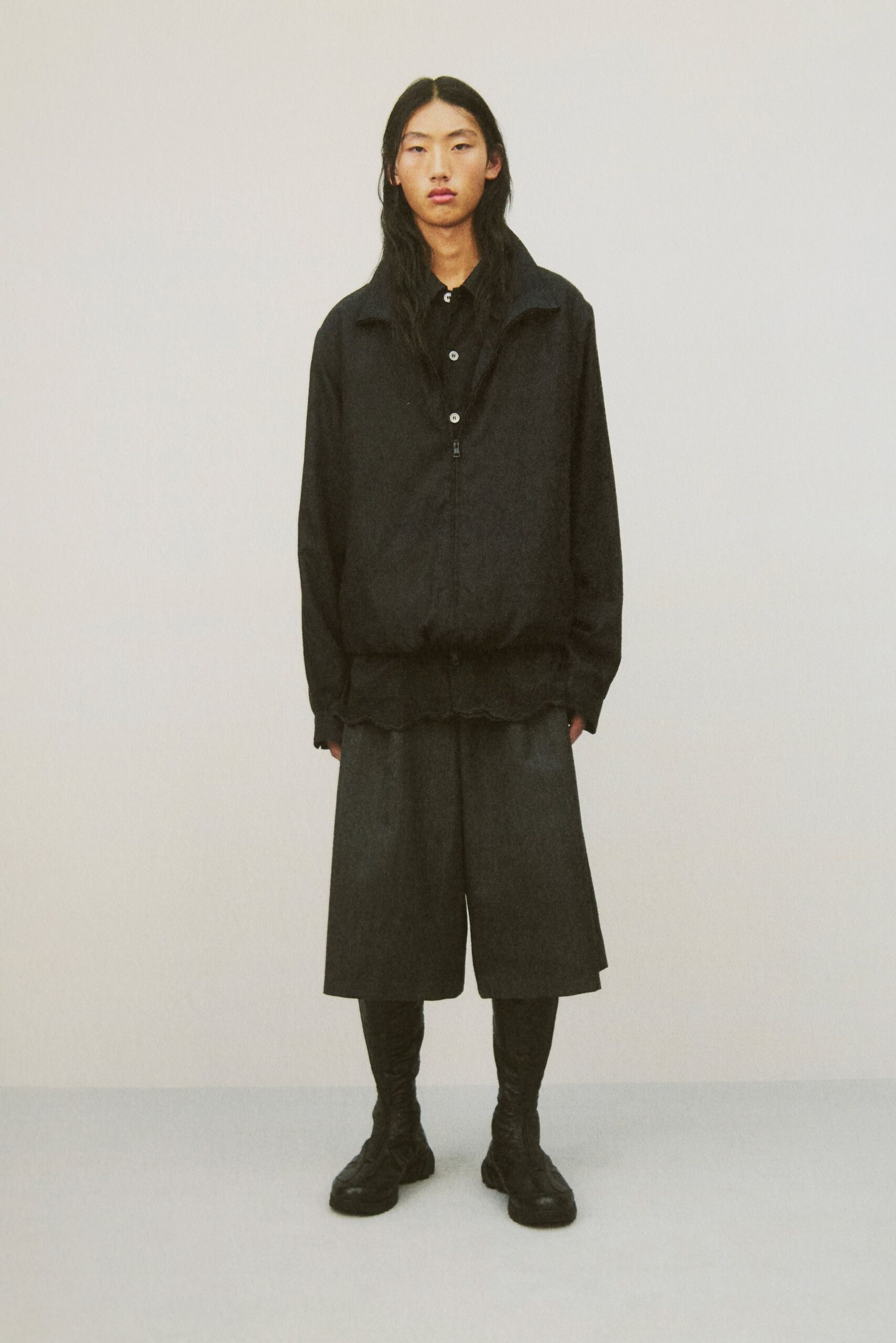 black oversized jacket with relaxed pants