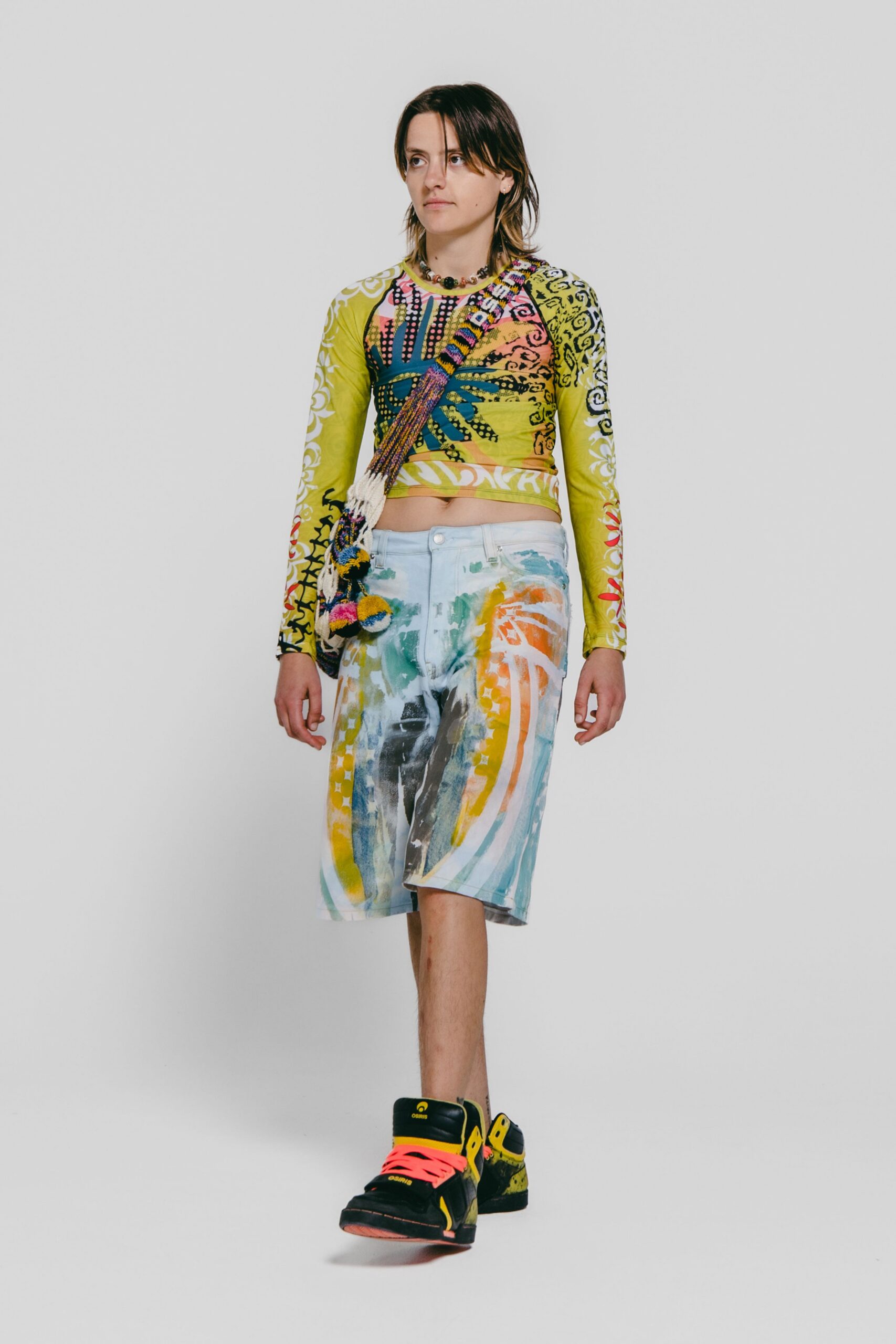 yellow cotton long-sleeve fitted printed cropped top