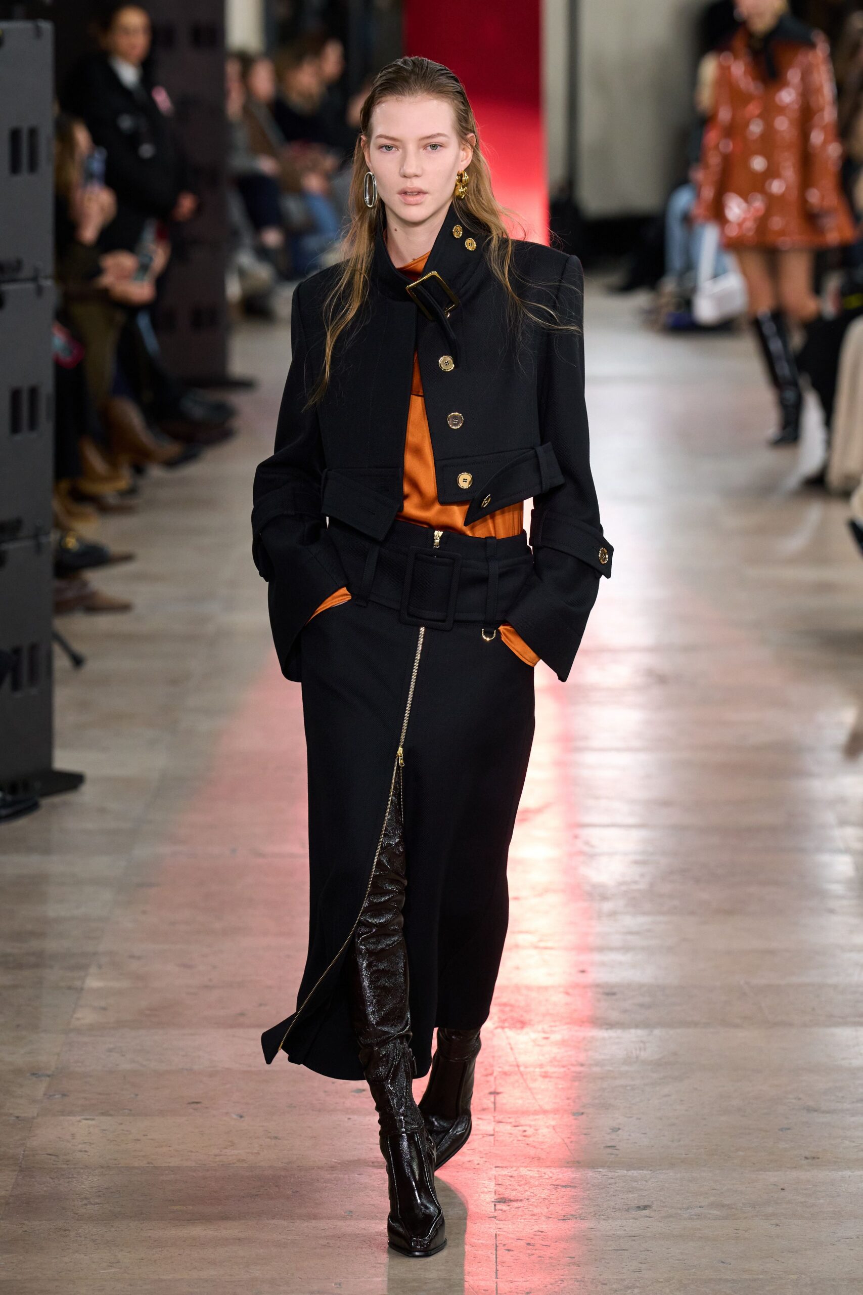 black wool long-sleeve collared fitted zippered belted coat
