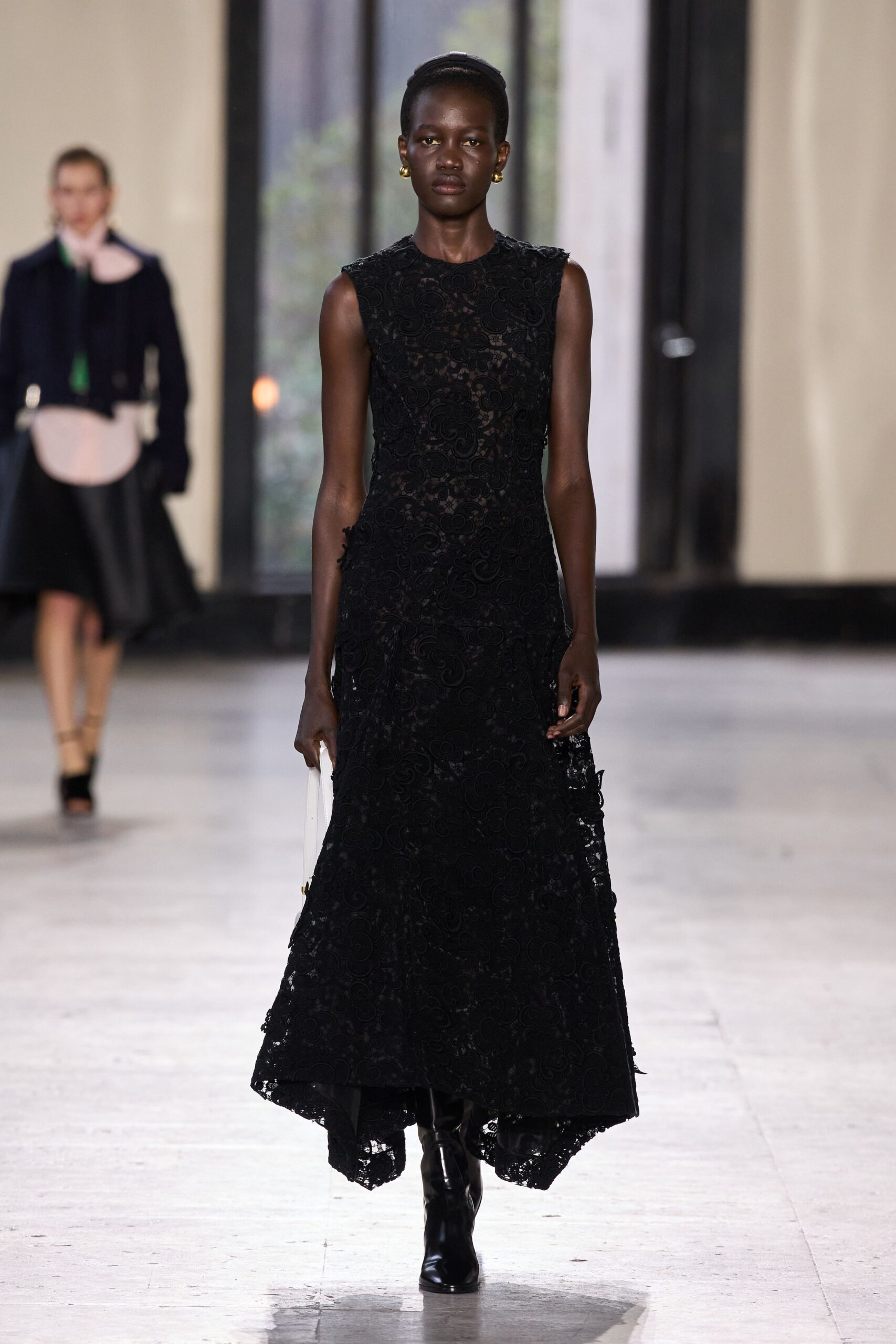 black lace fitted gown with boots