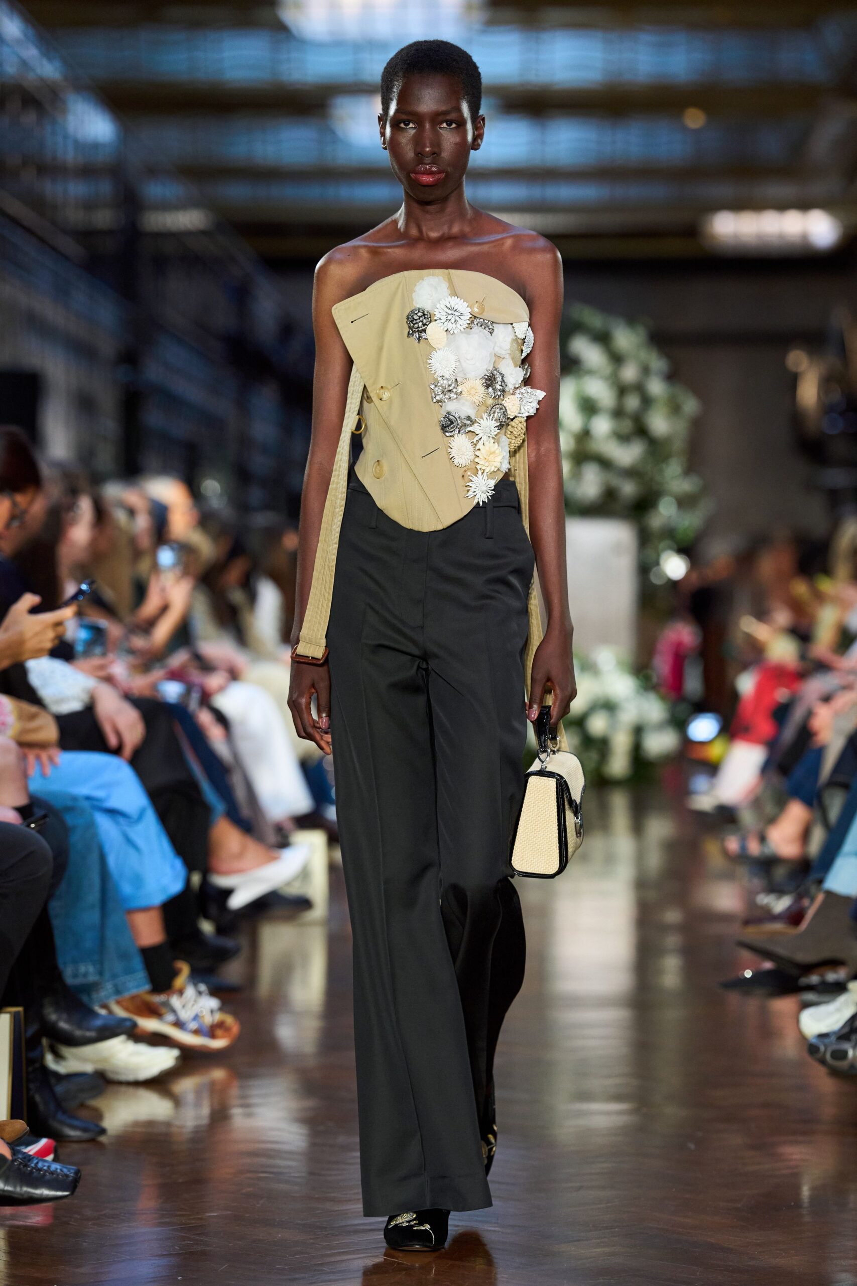 beige silk sleeveless asymmetric fitted embroidered top