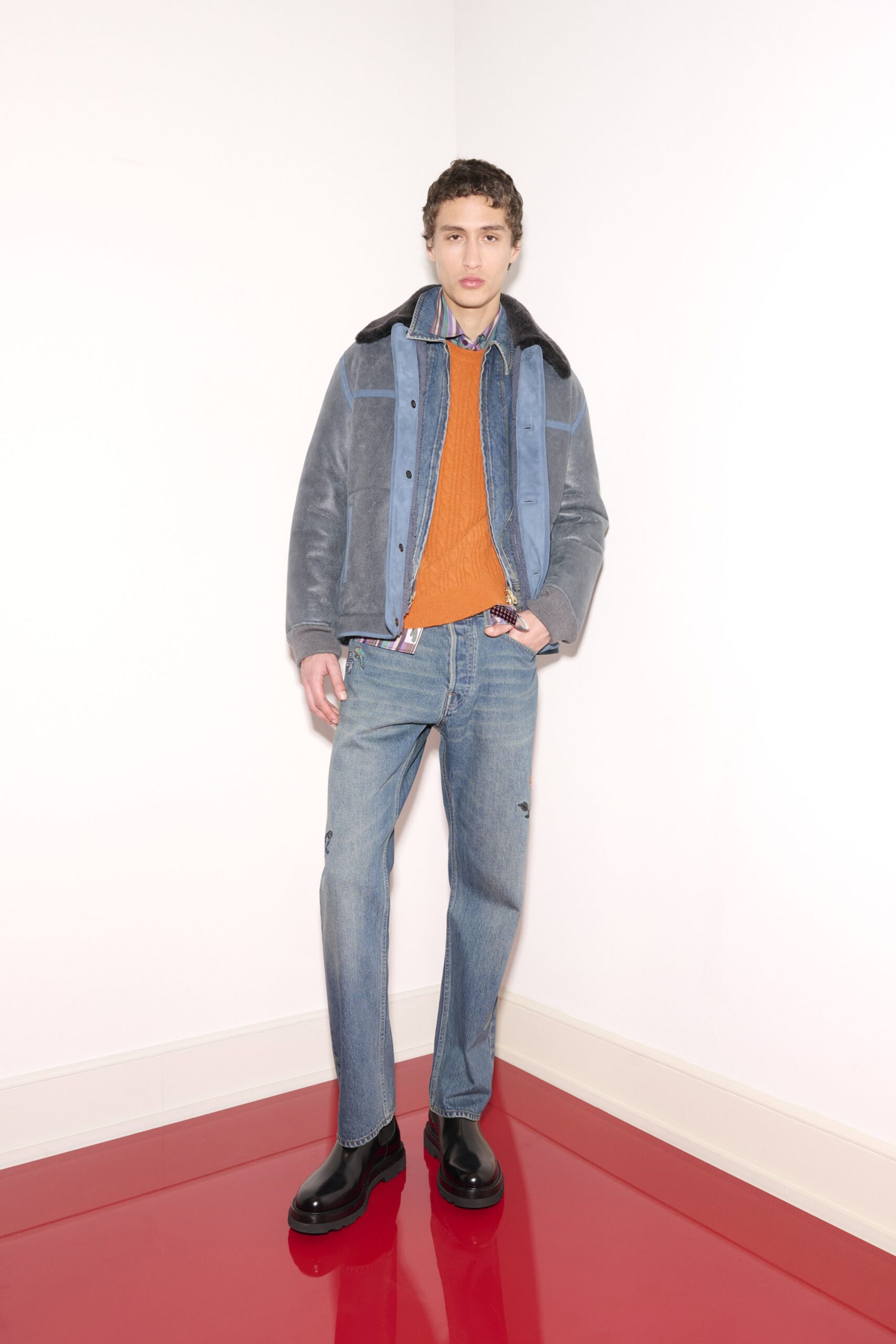 gray leather long-sleeve collared relaxed zippered jacket