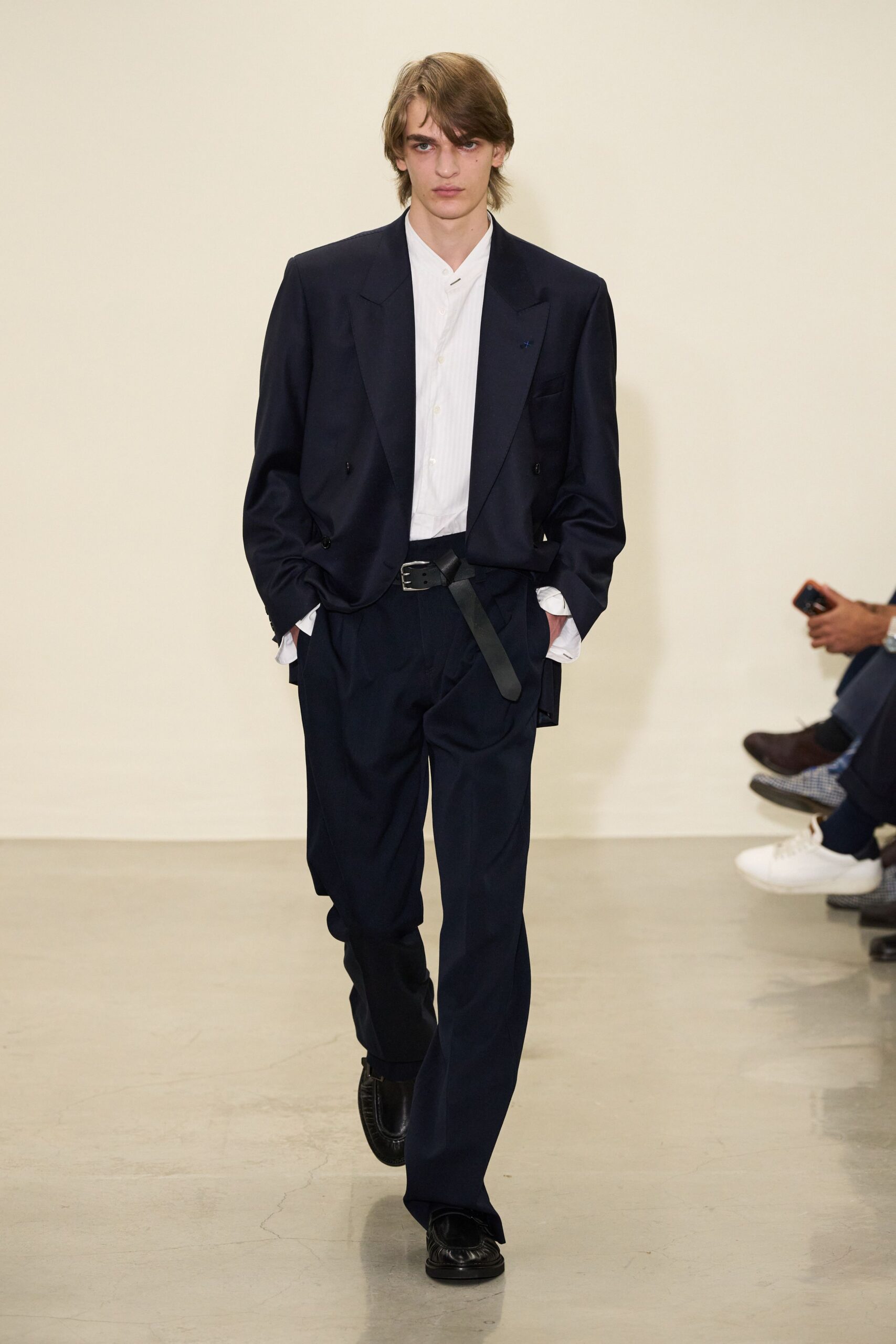 black tailored suit with white shirt